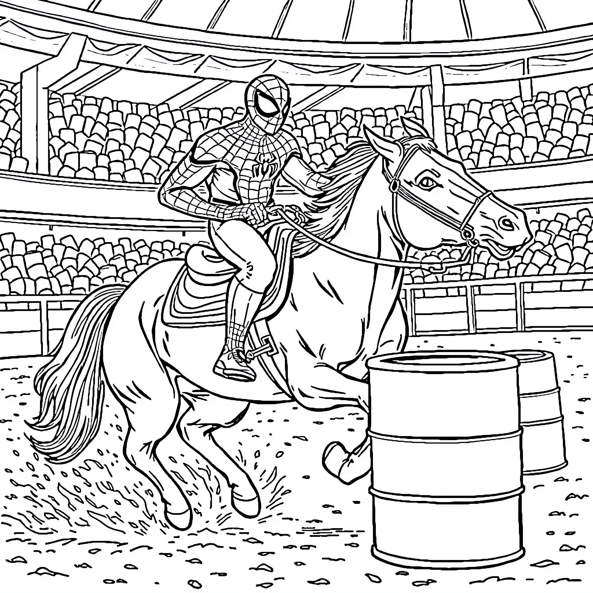 Spider-Man riding heroically on a horse in the arena Coloring Page (free black-and-white line drawing printable PDF for all, from beginners to advanced learners, including children, teens, adults, and seniors)