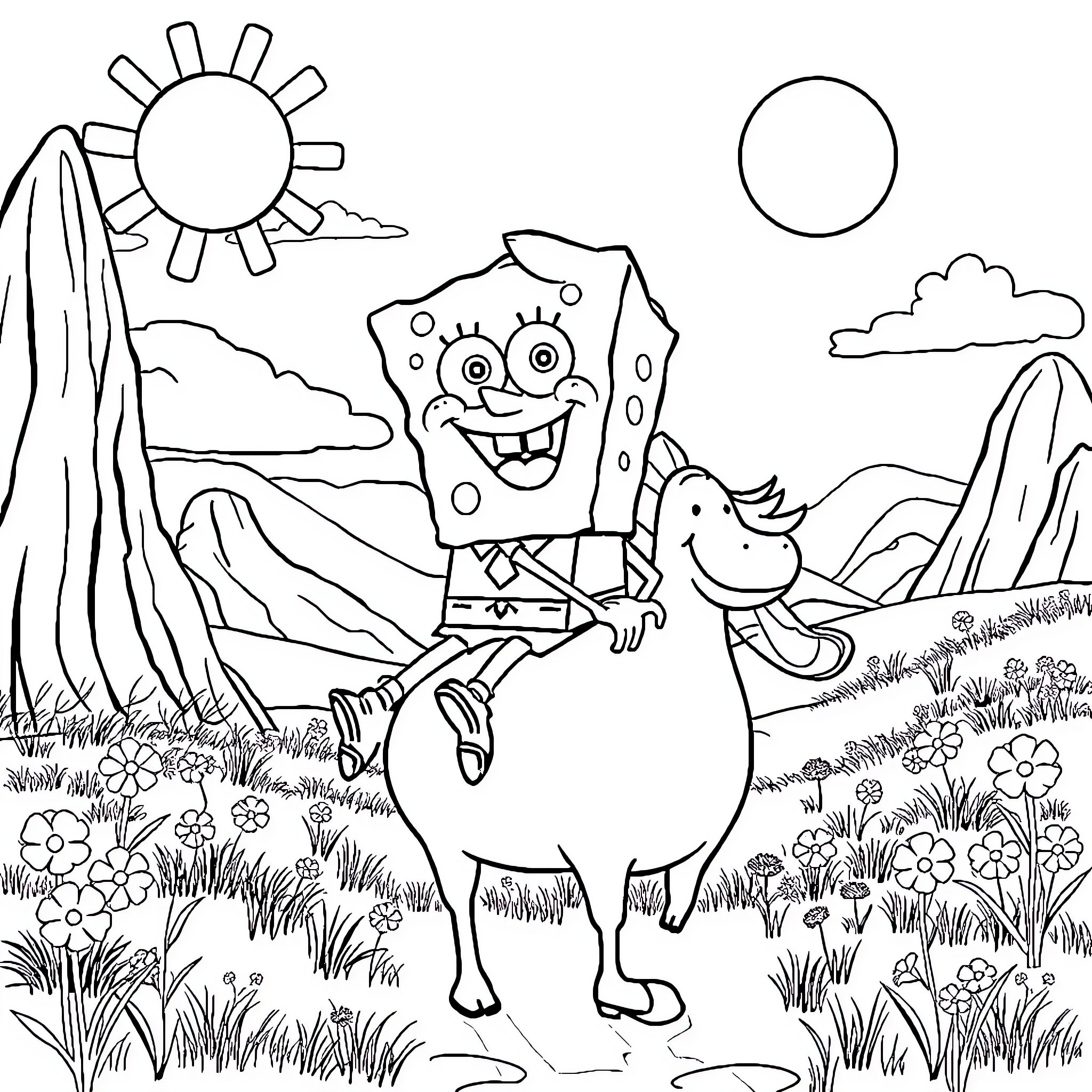Spongebob riding a donkey in a lush meadow Coloring Page (free black-and-white line drawing printable PDF for all, from beginners to advanced learners, including children, teens, adults, and seniors)