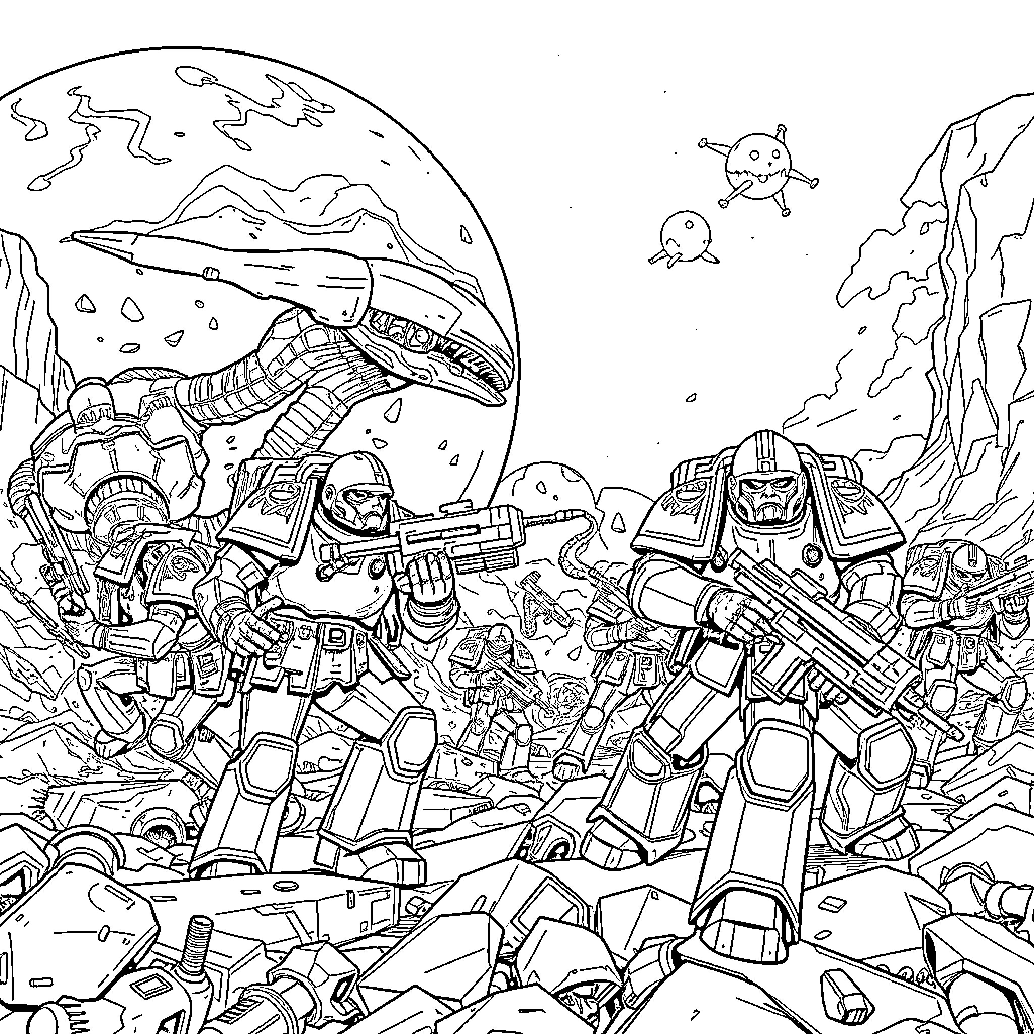 Warhammer: Futuristic Soldiers in Battle Against Alien Threat Coloring Page (free black-and-white line drawing printable PDF for all, from beginners to advanced learners, including children, teens, adults, and seniors)