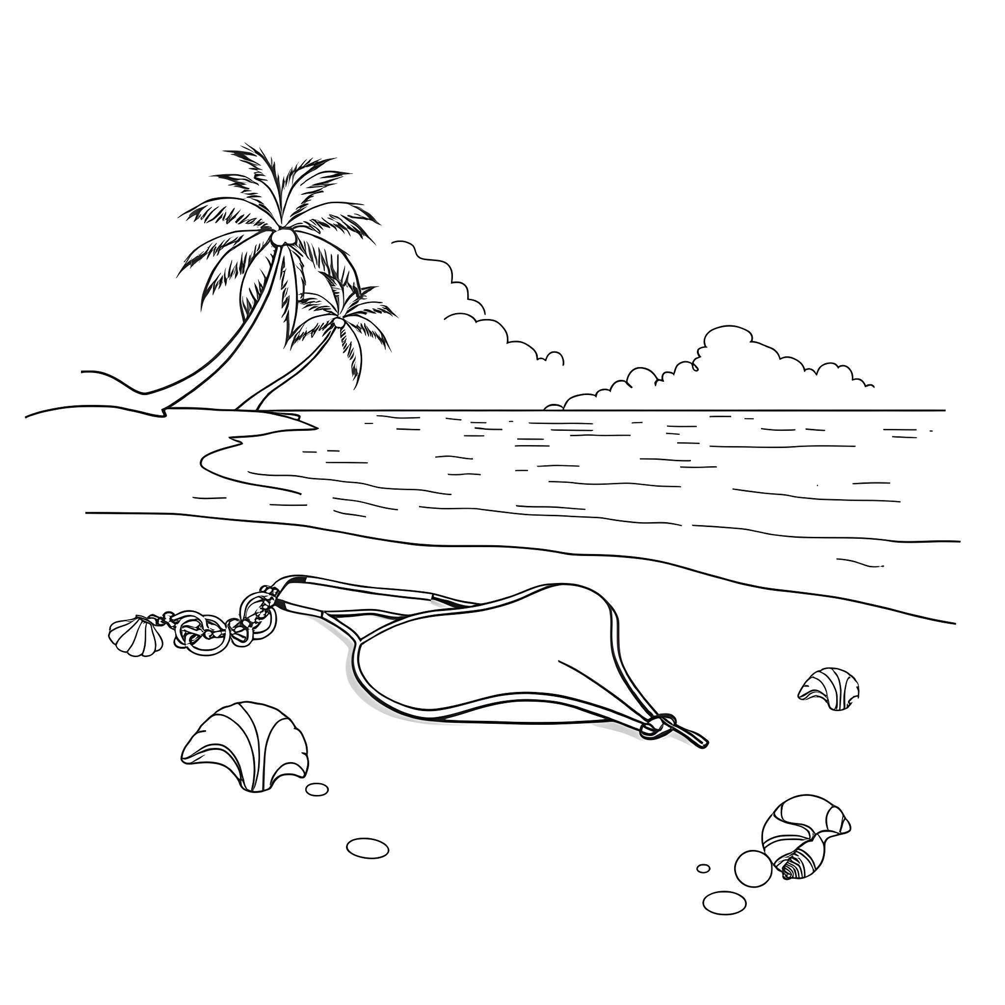 Bikini-clad figure resting on tropical beach Coloring Page (free black-and-white line drawing printable PDF for all, from beginners to advanced learners, including children, teens, adults, and seniors)