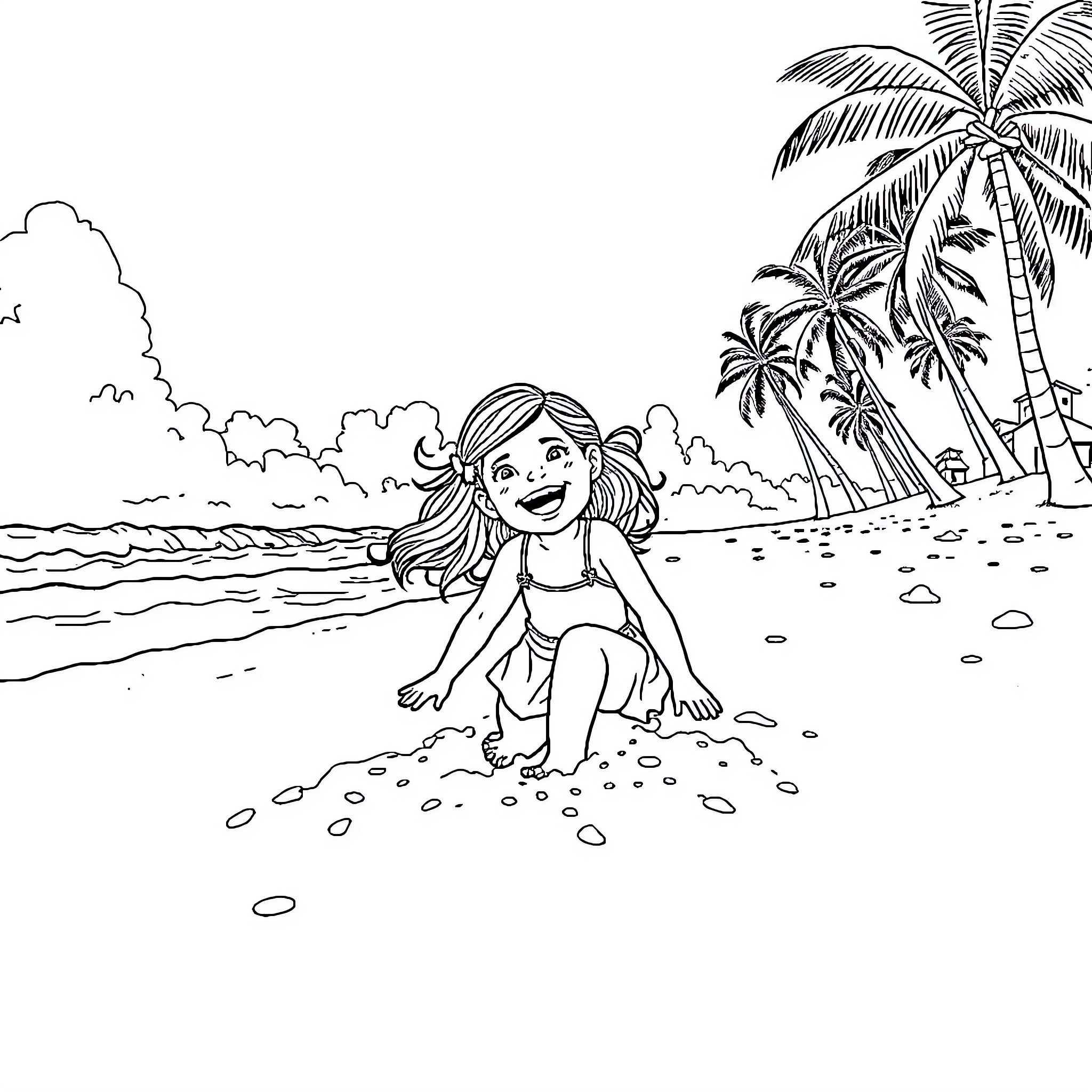 Girl enjoying a day at the beach Coloring Page (free black-and-white line drawing printable PDF for all, from beginners to advanced learners, including children, teens, adults, and seniors)