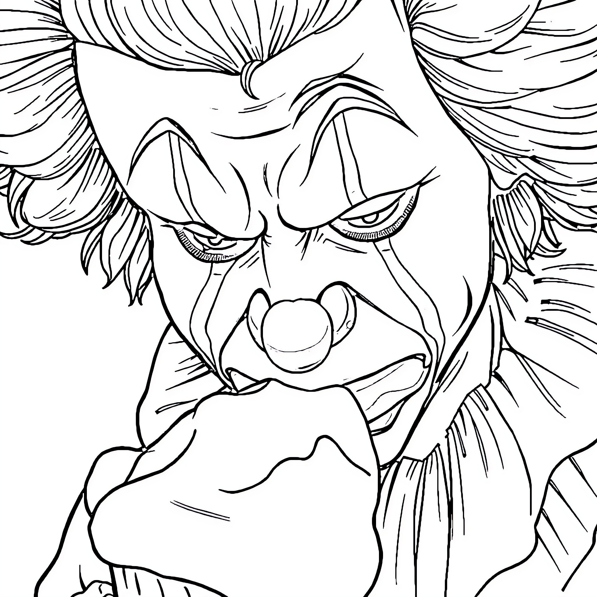 Clown with exaggerated expressions and wild hair Coloring Page (free black-and-white line drawing printable PDF for all, from beginners to advanced learners, including children, teens, adults, and seniors)