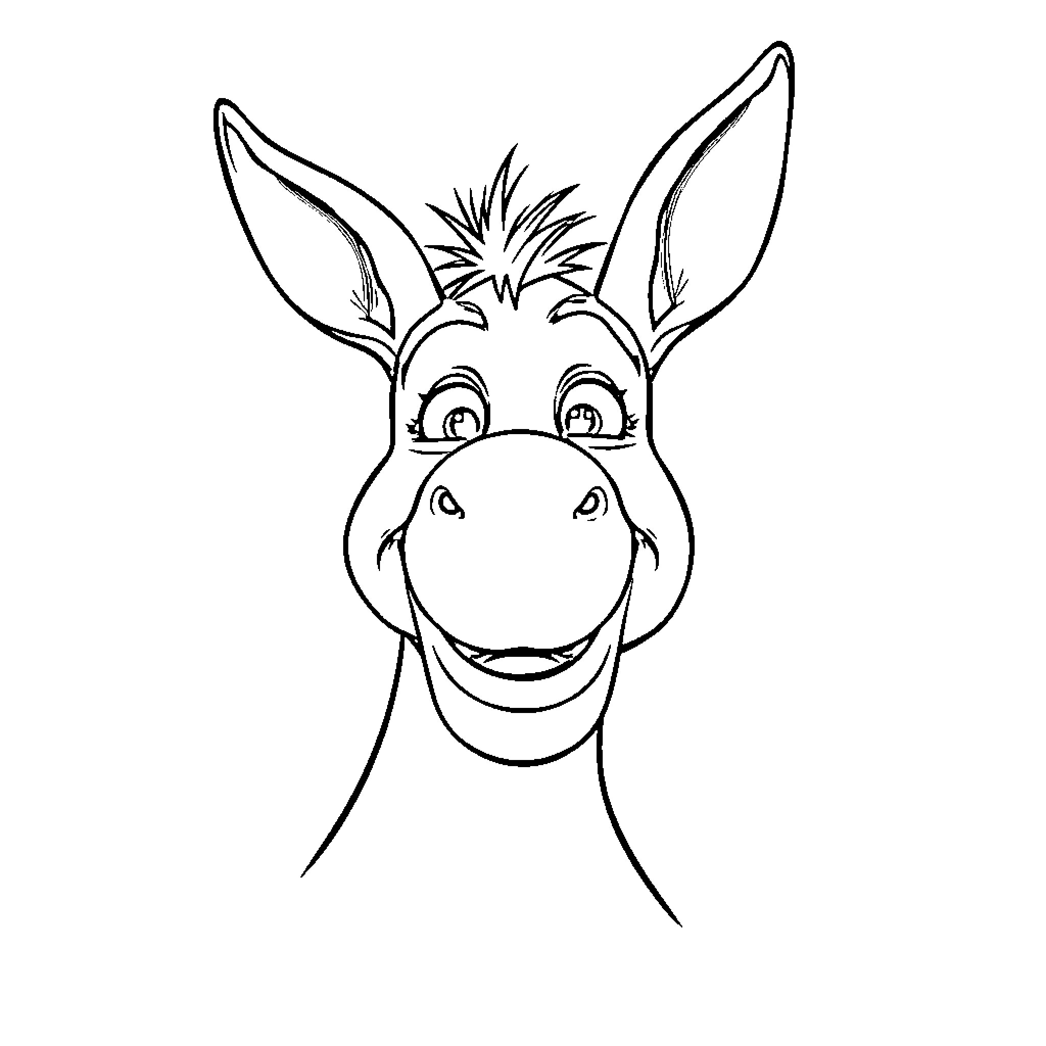Donkey with friendly expression Coloring Page (free black-and-white line drawing printable PDF for all, from beginners to advanced learners, including children, teens, adults, and seniors)