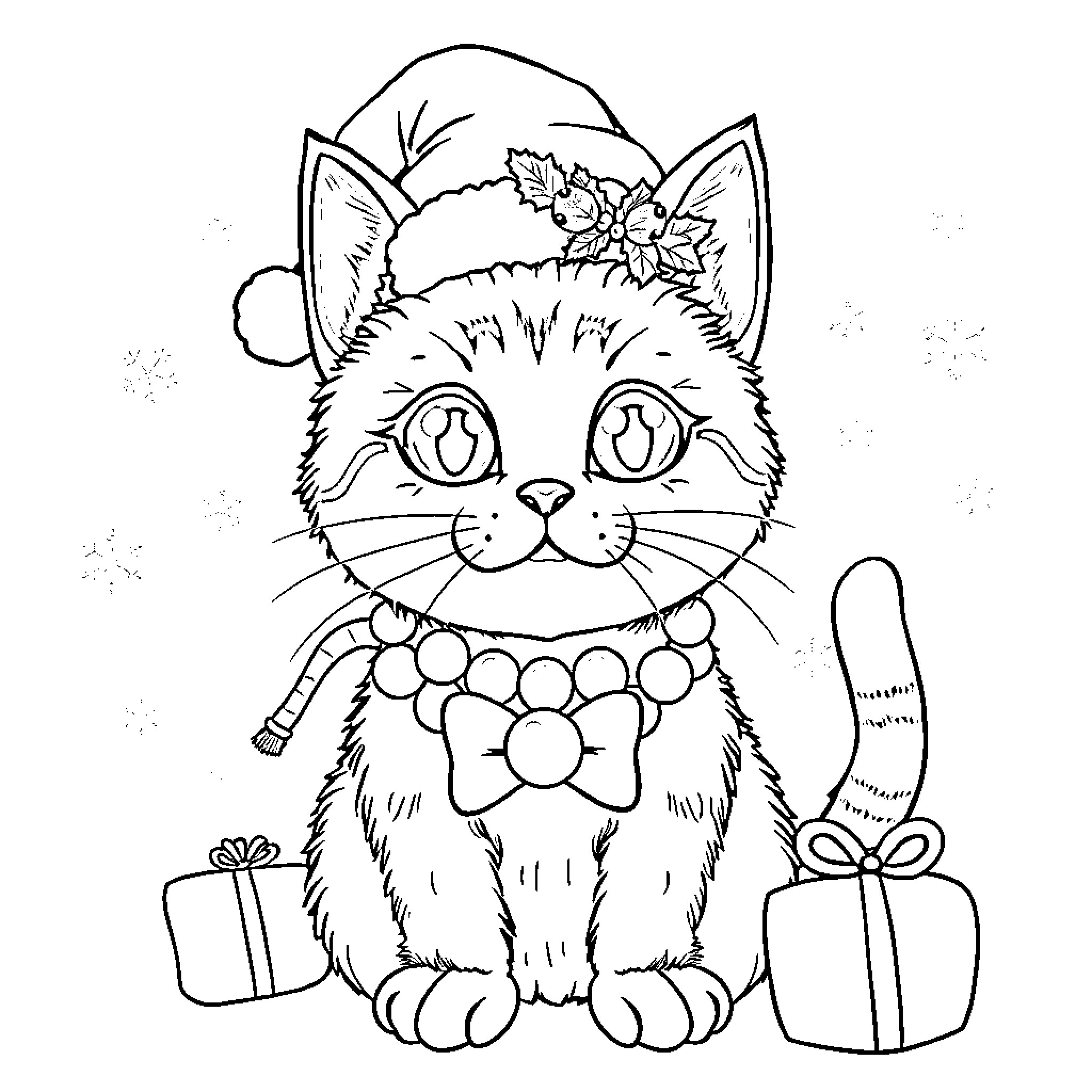 Cat in Santa hat with gift boxes Coloring Page (free black-and-white line drawing printable PDF for all, from beginners to advanced learners, including children, teens, adults, and seniors)