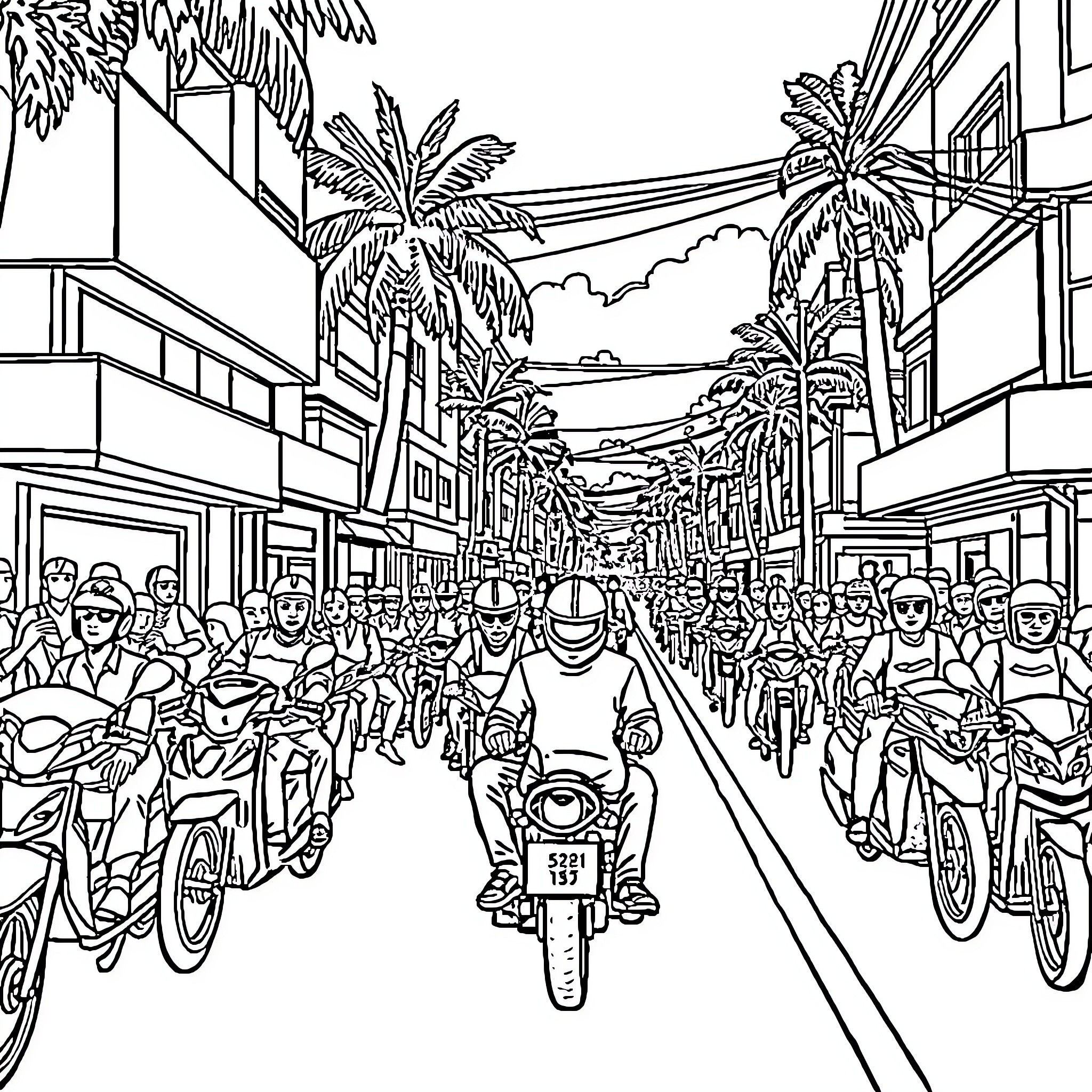 Street scene with bustling crowds and motorcycles Coloring Page (free black-and-white line drawing printable PDF for all, from beginners to advanced learners, including children, teens, adults, and seniors)