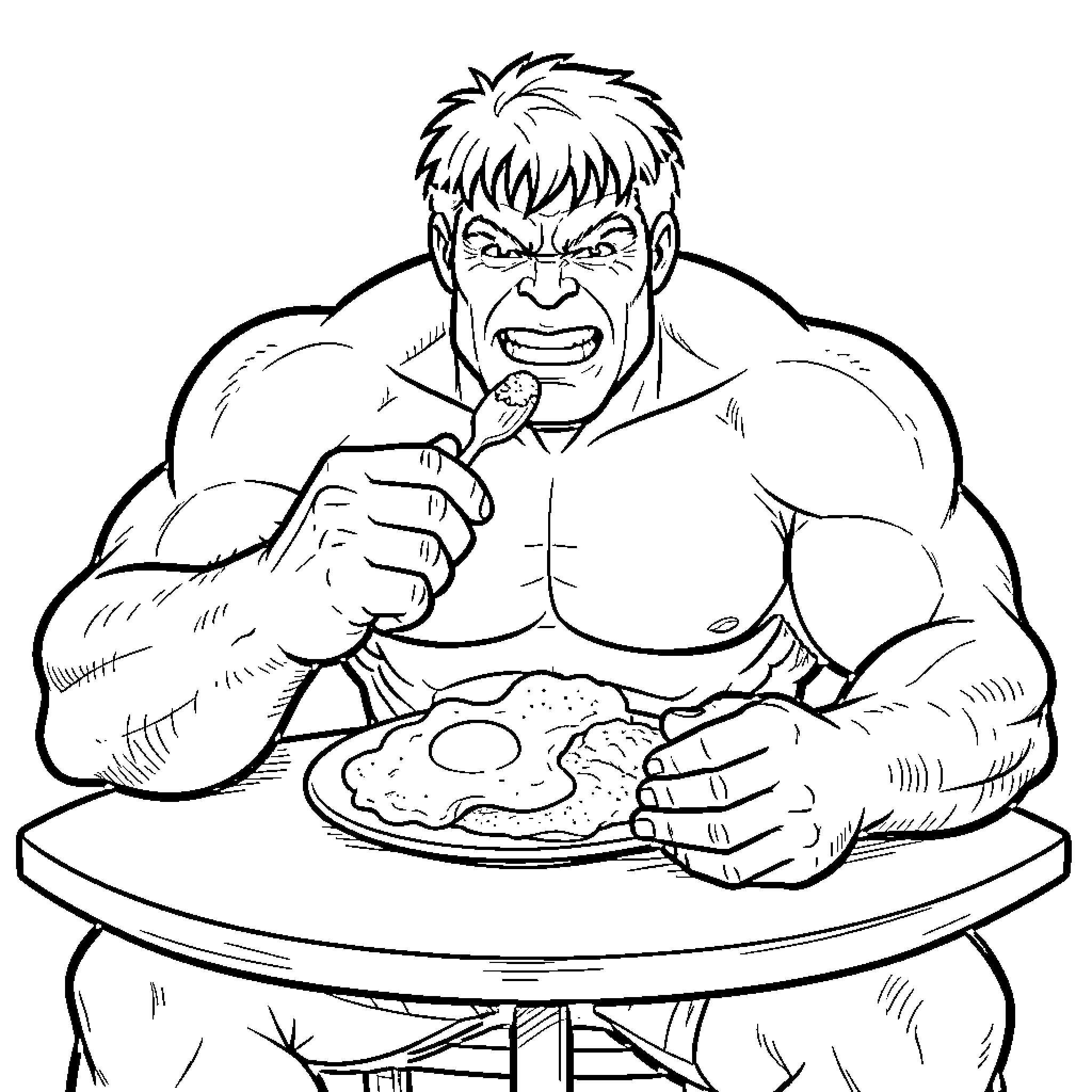 Hulk Hungrily Devouring a Meal Coloring Page (free black-and-white line drawing printable PDF for all, from beginners to advanced learners, including children, teens, adults, and seniors)