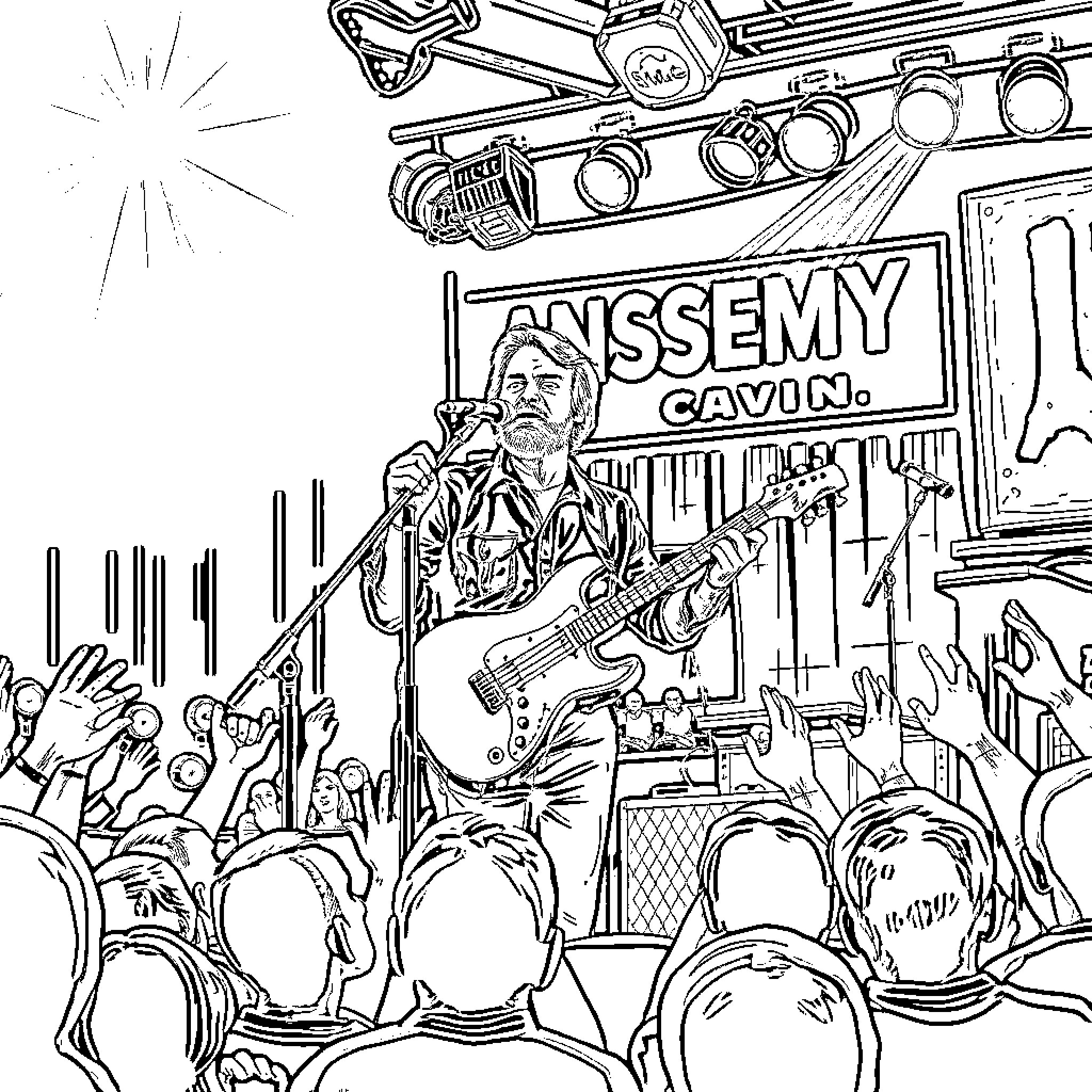 Dewey Cox rocking out on stage with adoring fans Coloring Page (free black-and-white line drawing printable PDF for all, from beginners to advanced learners, including children, teens, adults, and seniors)