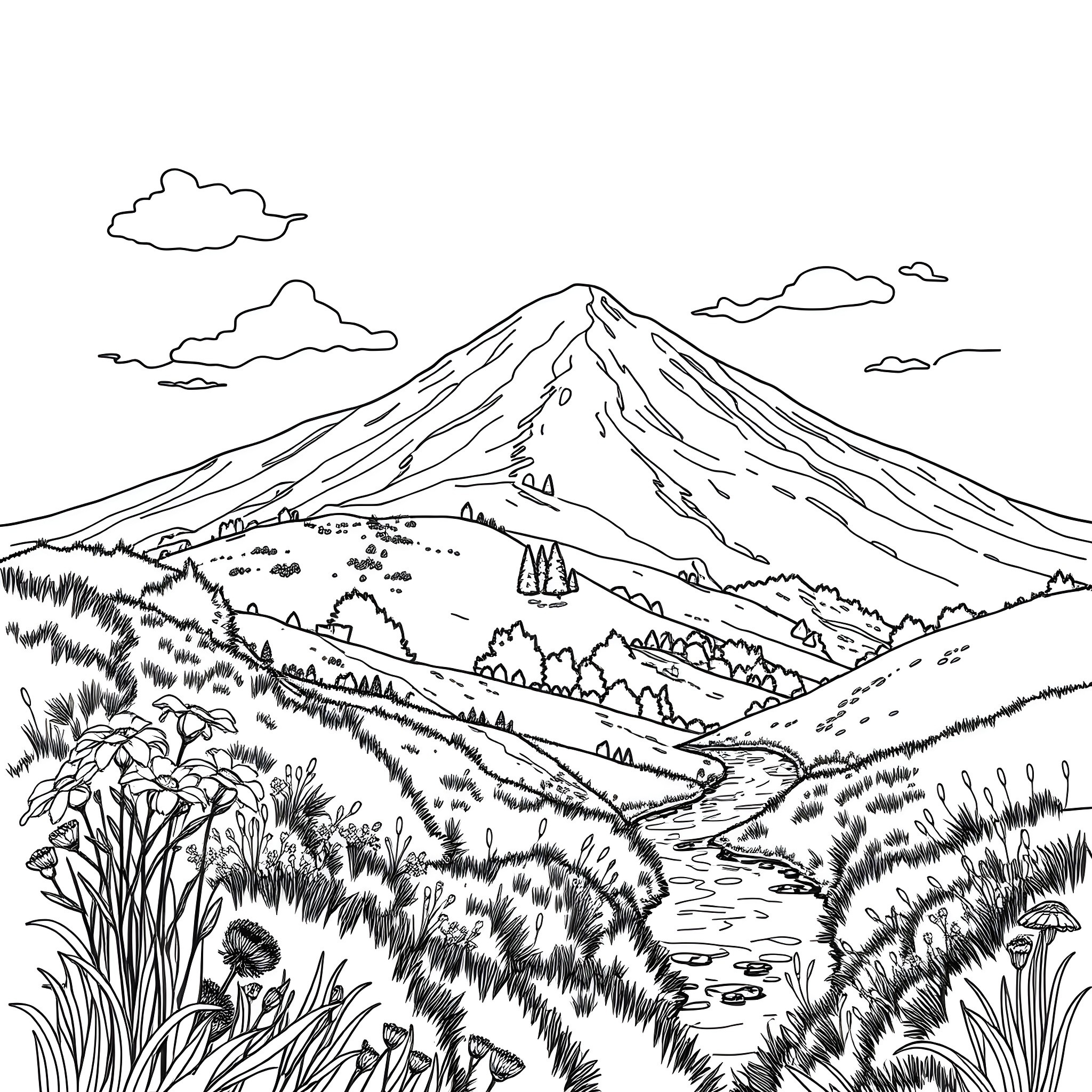 Breckie Hill Scenic Landscape with Mountains and Stream Coloring Page (free black-and-white line drawing printable PDF for all, from beginners to advanced learners, including children, teens, adults, and seniors)