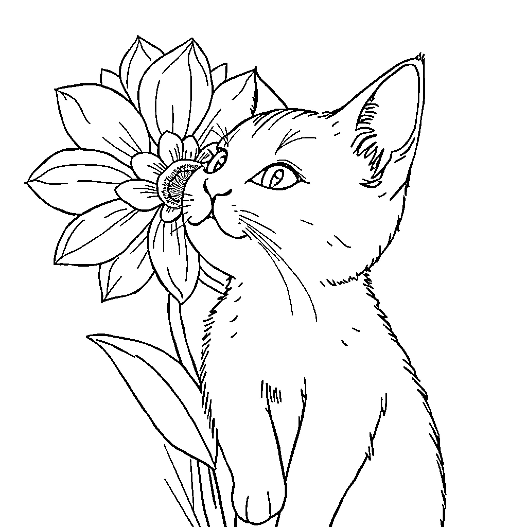 Cat with Flower Admiring Nature Coloring Page (free black-and-white line drawing printable PDF for all, from beginners to advanced learners, including children, teens, adults, and seniors)