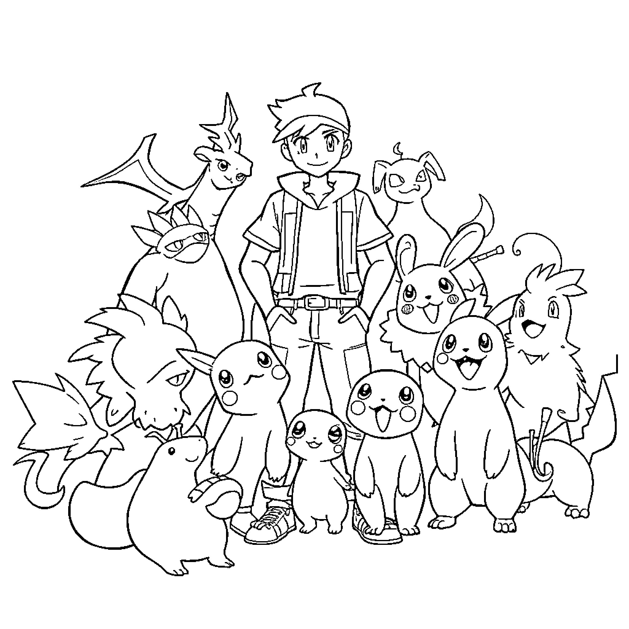 Pokémon Trainer Surrounded by Adorable Pocket Monsters Coloring Page (free black-and-white line drawing printable PDF for all, from beginners to advanced learners, including children, teens, adults, and seniors)