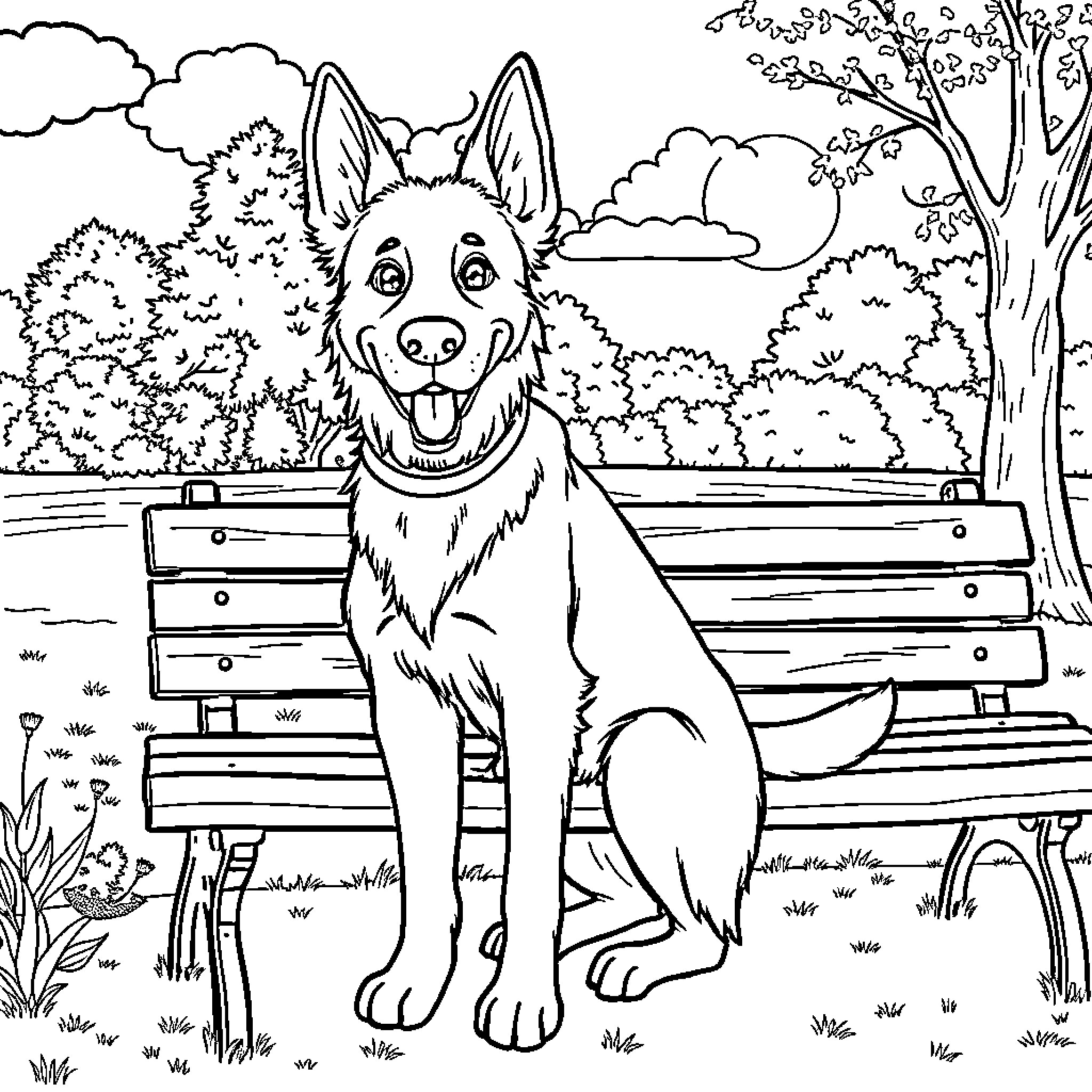 Dog sitting happily on bench in park Coloring Page (free black-and-white line drawing printable PDF for all, from beginners to advanced learners, including children, teens, adults, and seniors)