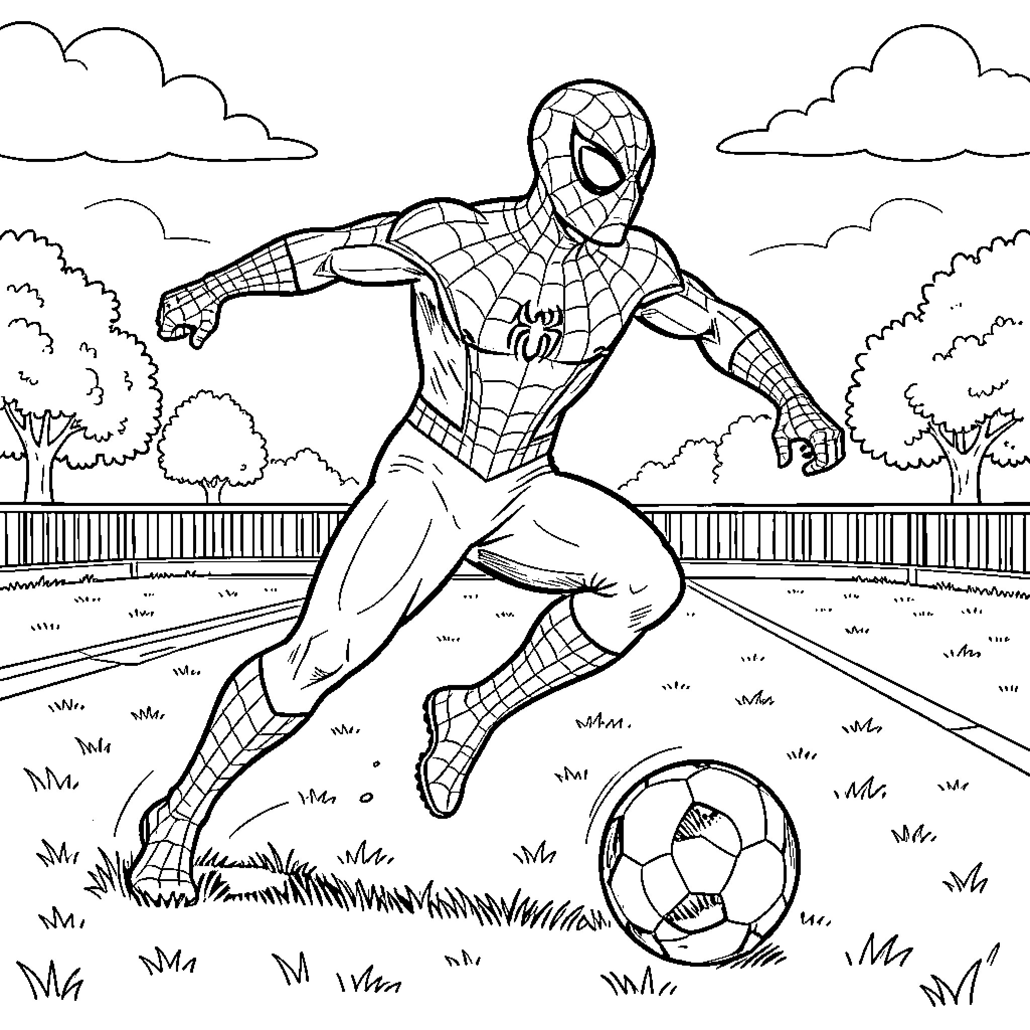 Spiderman playing soccer on a field Coloring Page (free black-and-white line drawing printable PDF for all, from beginners to advanced learners, including children, teens, adults, and seniors)