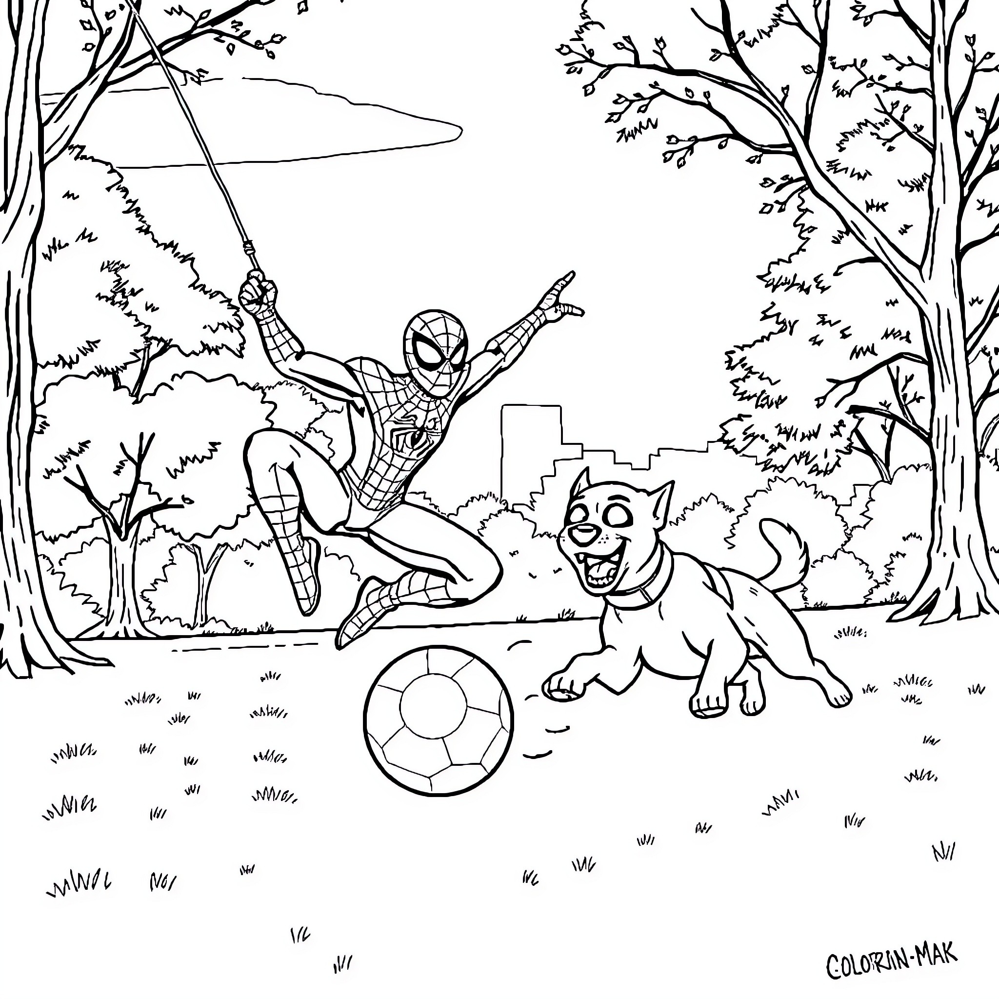 Spiderman swinging through the forest with a playful dog Coloring Page (free black-and-white line drawing printable PDF for all, from beginners to advanced learners, including children, teens, adults, and seniors)