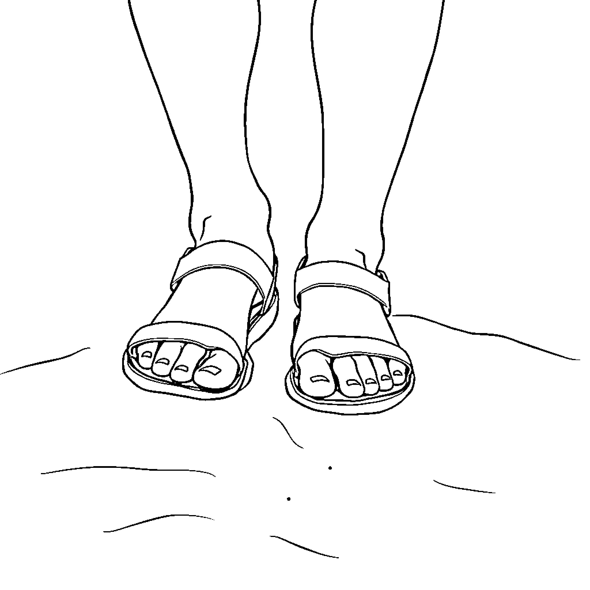 Foot Stepping Forward in Sandals Coloring Page (free black-and-white line drawing printable PDF for all, from beginners to advanced learners, including children, teens, adults, and seniors)