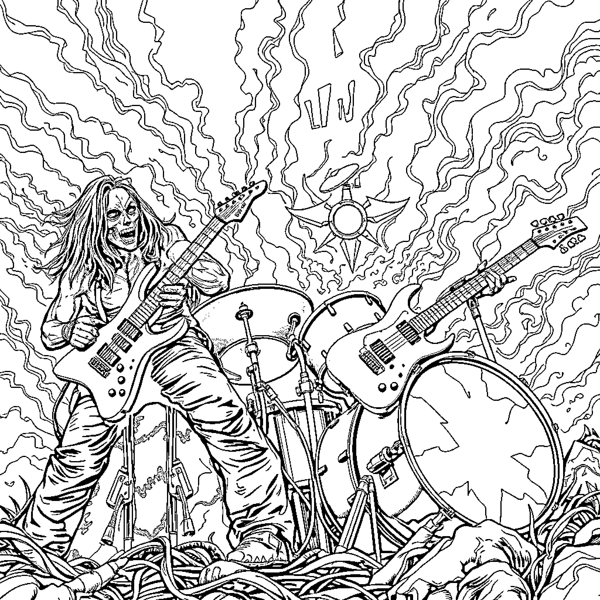 Heavy Metal Mayhem: Rocking Guitarist and Drums Coloring Page (free black-and-white line drawing printable PDF for all, from beginners to advanced learners, including children, teens, adults, and seniors)
