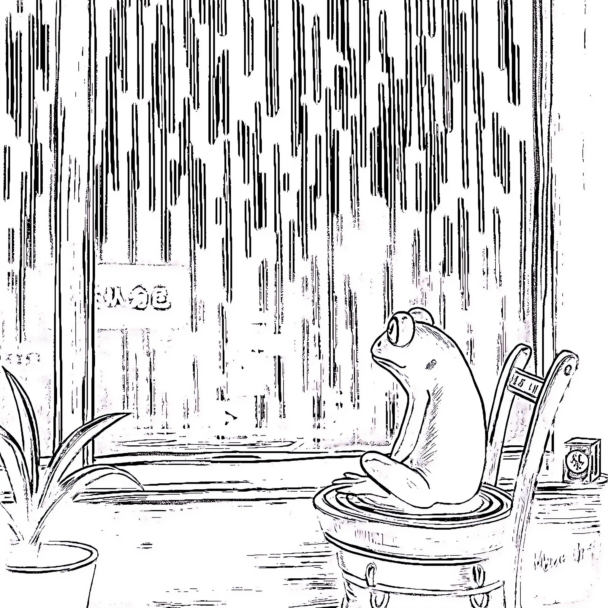Frog relaxing in rainy weather Coloring Page (free black-and-white line drawing printable PDF for all, from beginners to advanced learners, including children, teens, adults, and seniors)