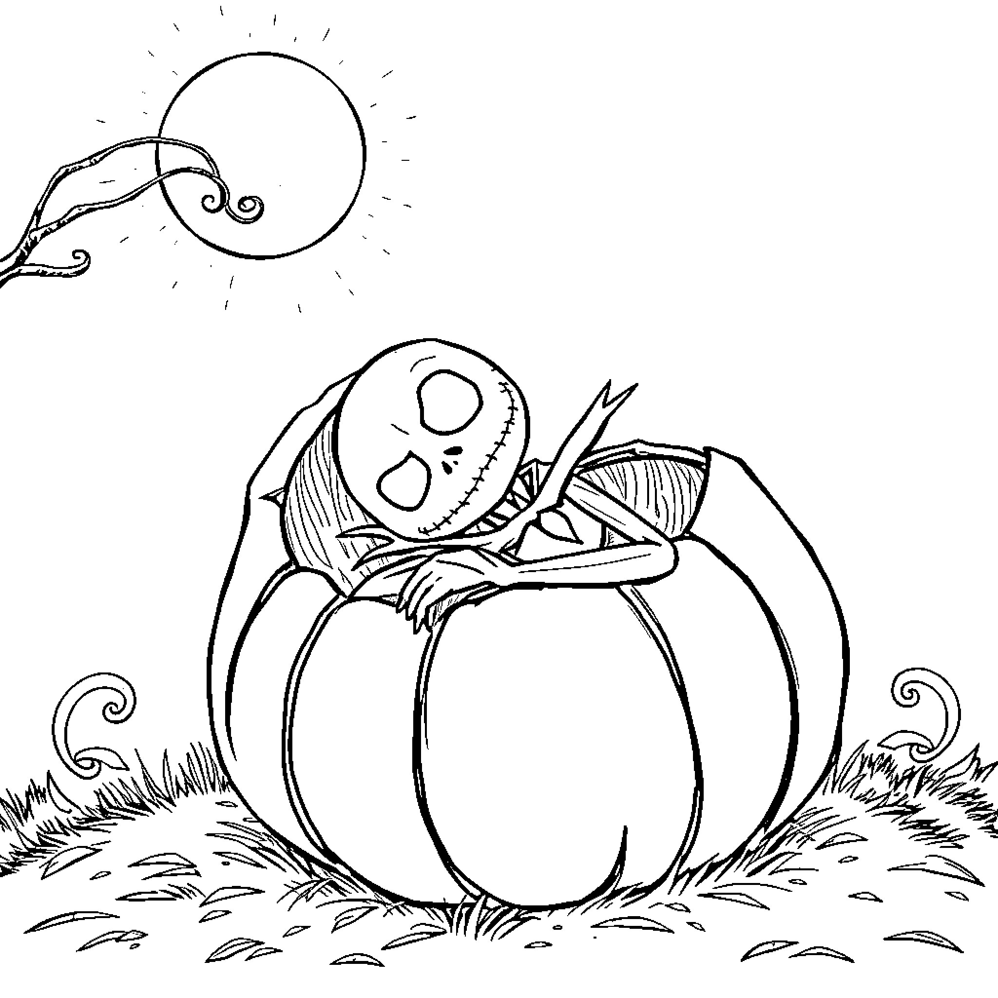 Jack Skellington resting in a pumpkin Coloring Page (free black-and-white line drawing printable PDF for all, from beginners to advanced learners, including children, teens, adults, and seniors)