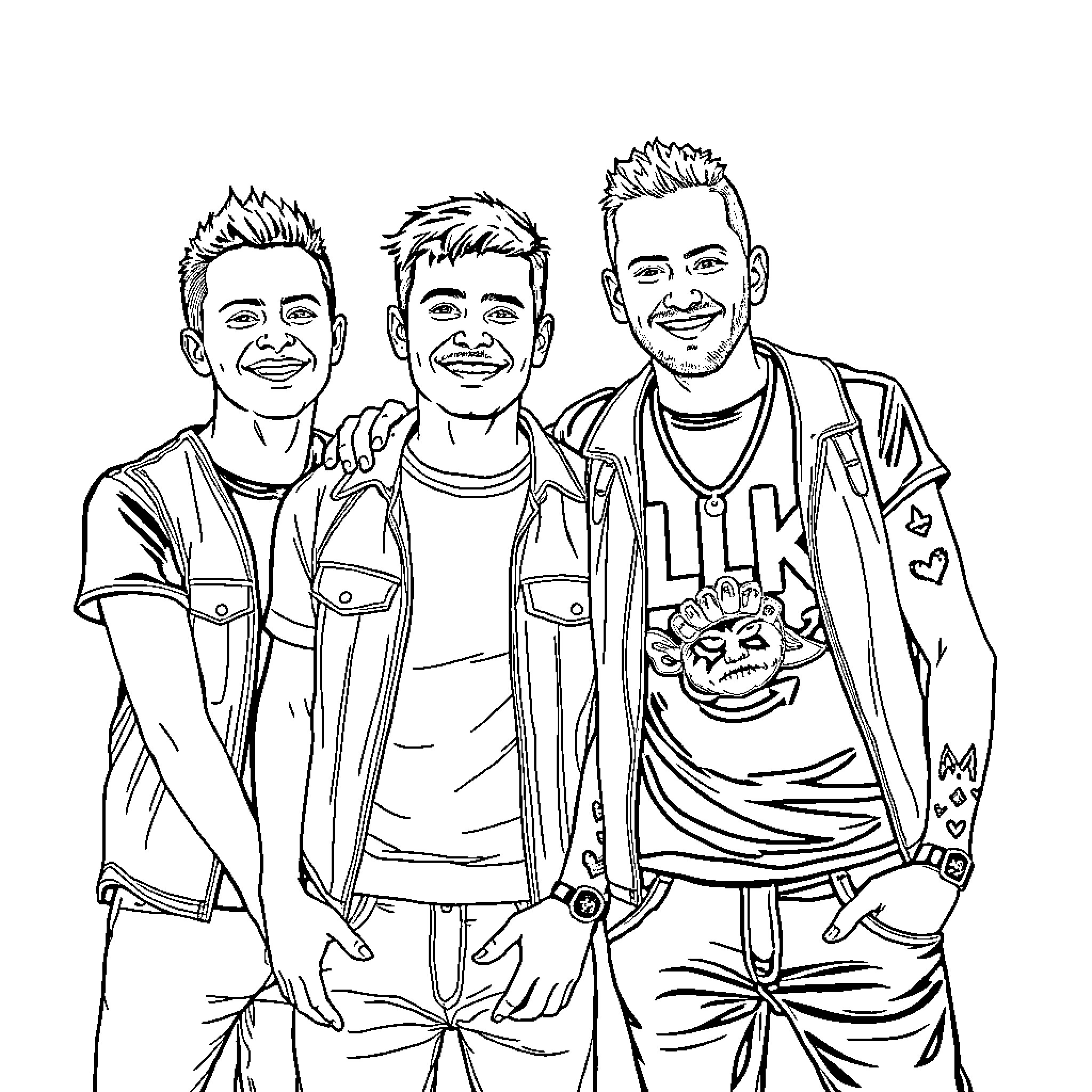 Blink 182 Band Members in Casual Attire Coloring Page (free black-and-white line drawing printable PDF for all, from beginners to advanced learners, including children, teens, adults, and seniors)