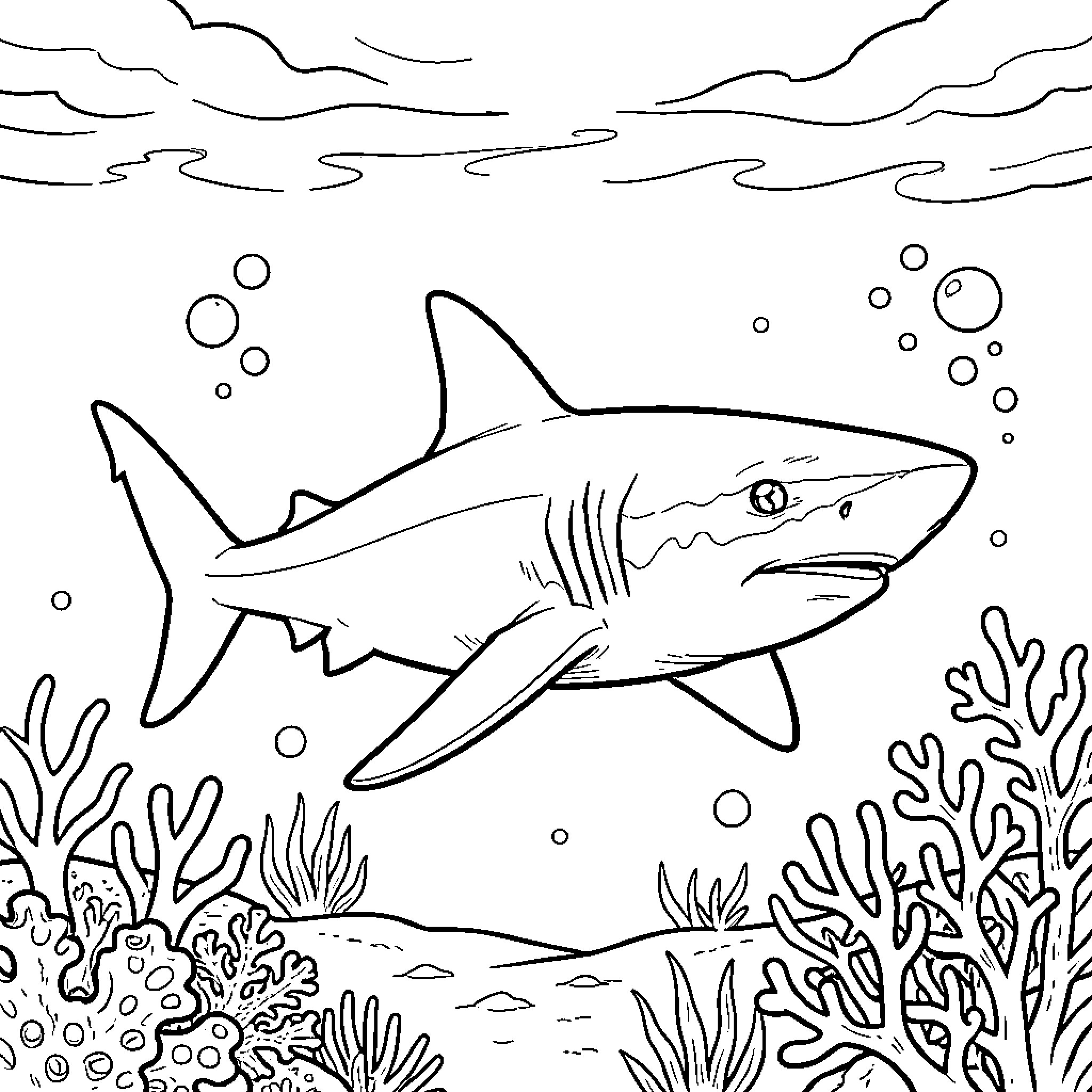 Shark swimming peacefully through a coral reef Coloring Page (free black-and-white line drawing printable PDF for all, from beginners to advanced learners, including children, teens, adults, and seniors)