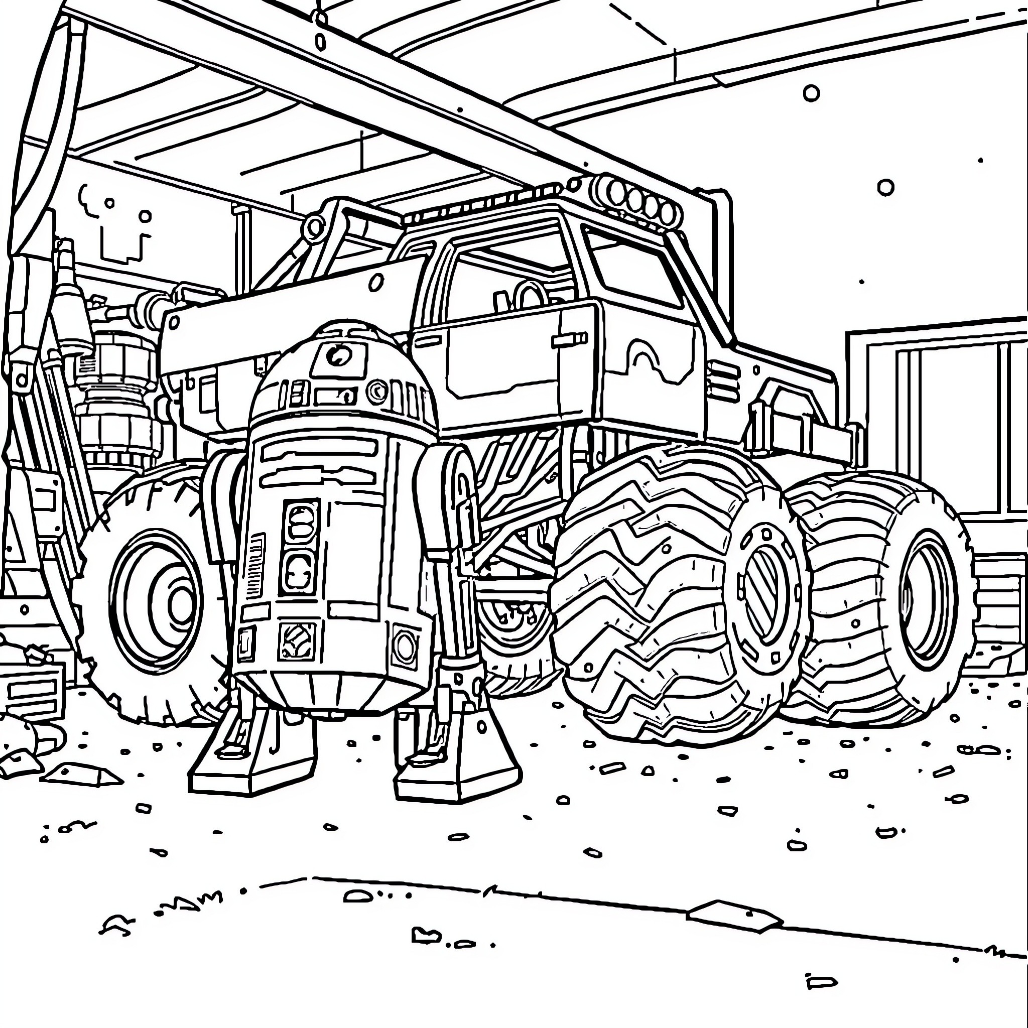 R2D2 assisting with repairs on a large off-road vehicle Coloring Page (free black-and-white line drawing printable PDF for all, from beginners to advanced learners, including children, teens, adults, and seniors)