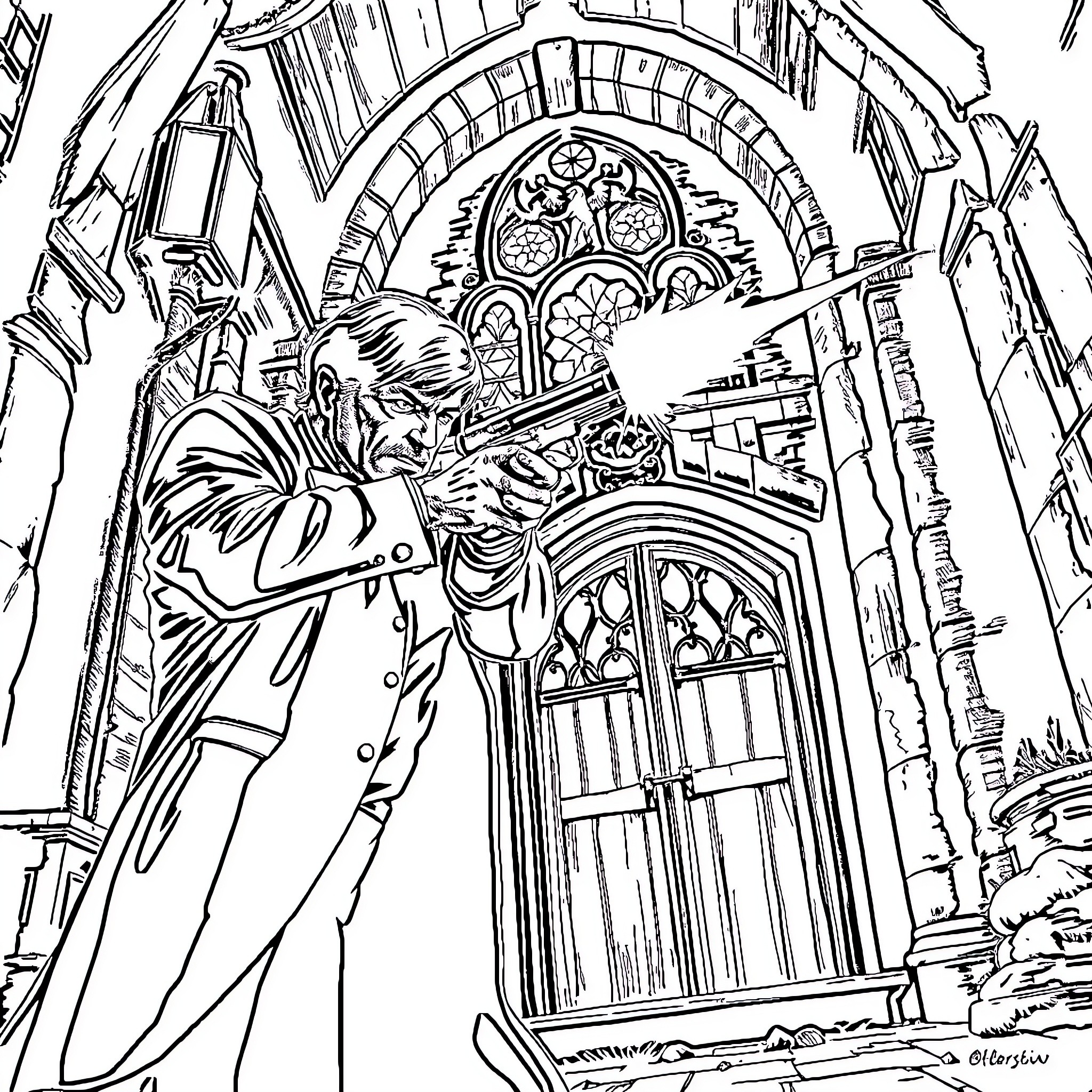 Leon exploring the ornate architectural details Coloring Page (free black-and-white line drawing printable PDF for all, from beginners to advanced learners, including children, teens, adults, and seniors)