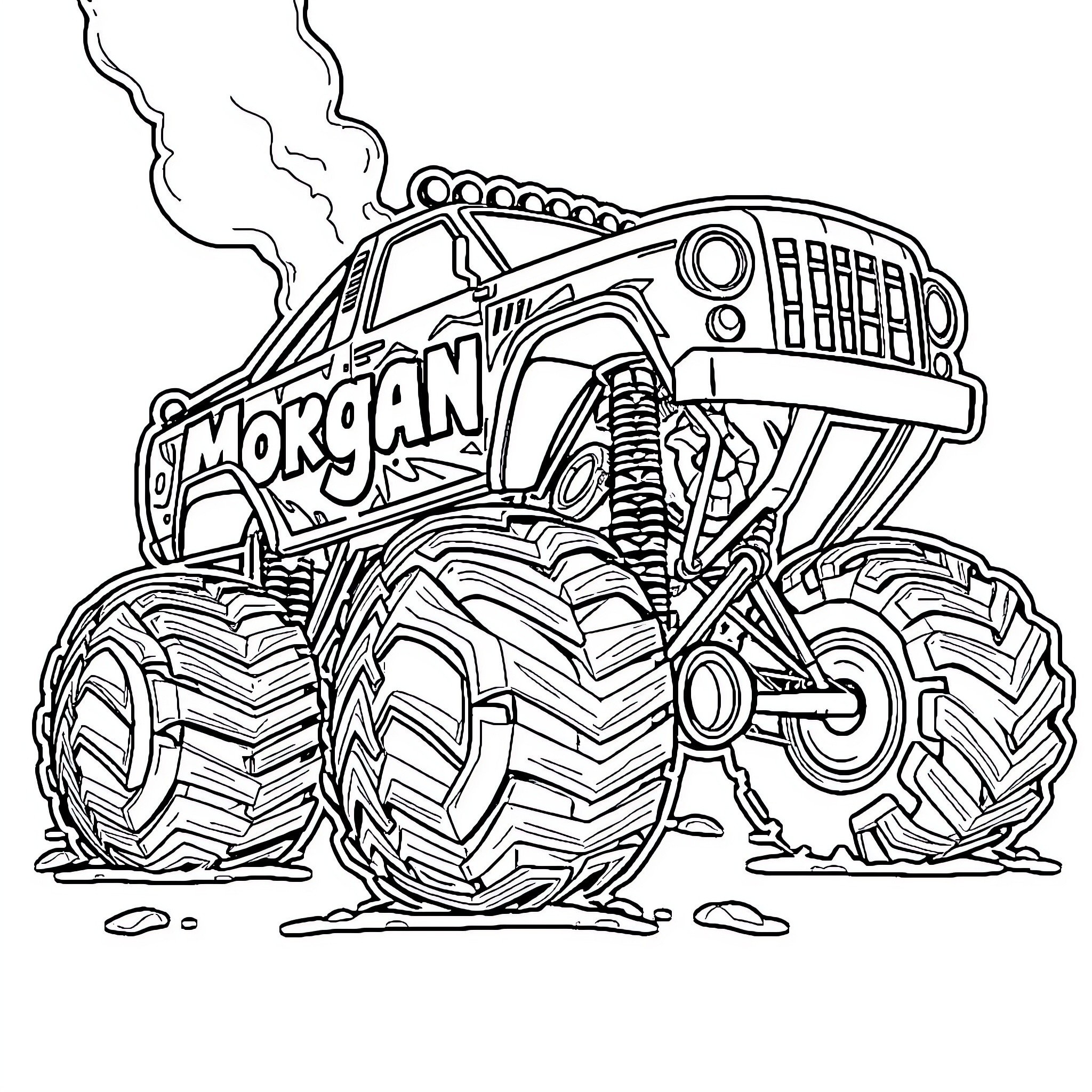 Monster Truck Crushing the Terrain with Power Coloring Page (free black-and-white line drawing printable PDF for all, from beginners to advanced learners, including children, teens, adults, and seniors)