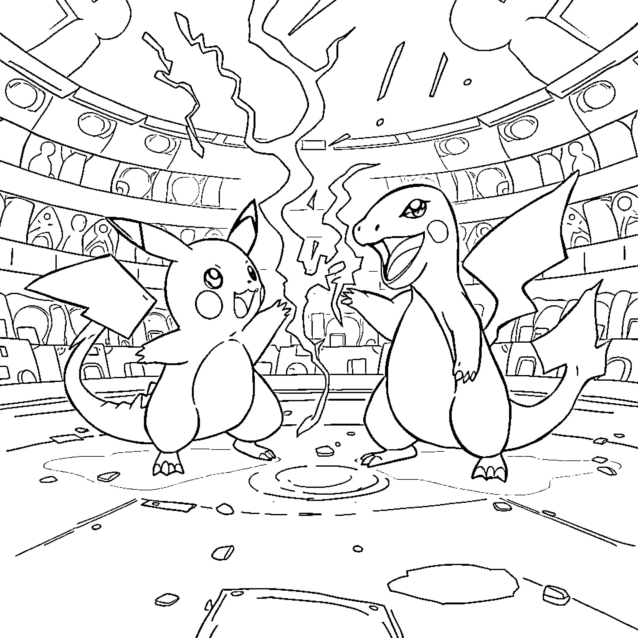 Pikachu and Charmander playing in cartoon world Coloring Page (free black-and-white line drawing printable PDF for all, from beginners to advanced learners, including children, teens, adults, and seniors)
