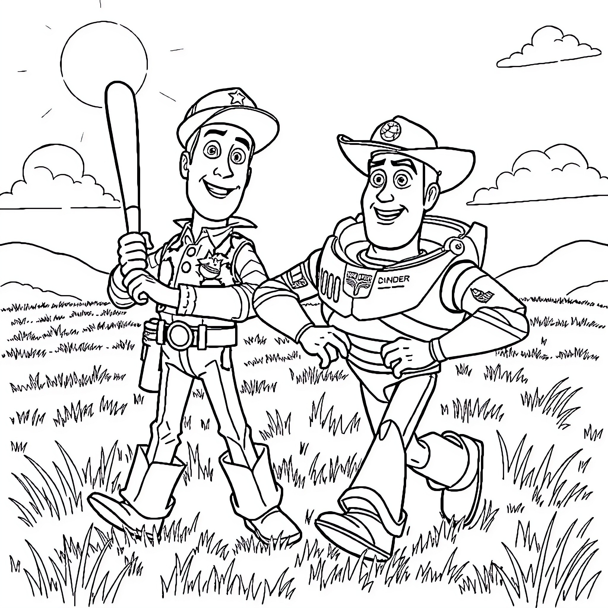 Toy Story Cowboy Friends Explore the Countryside Coloring Page (free black-and-white line drawing printable PDF for all, from beginners to advanced learners, including children, teens, adults, and seniors)