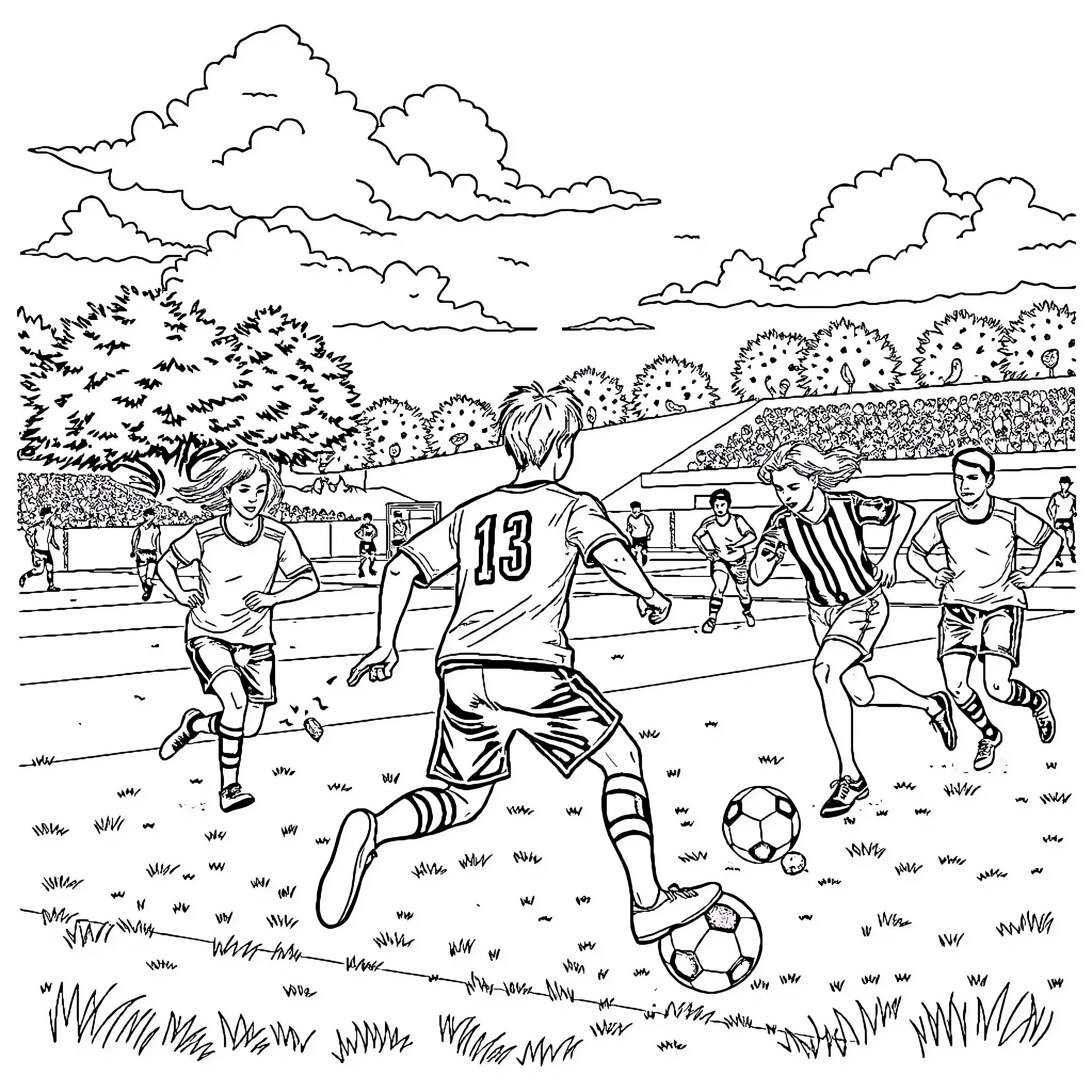 Korfball players in action on the field Coloring Page (free black-and-white line drawing printable PDF for all, from beginners to advanced learners, including children, teens, adults, and seniors)