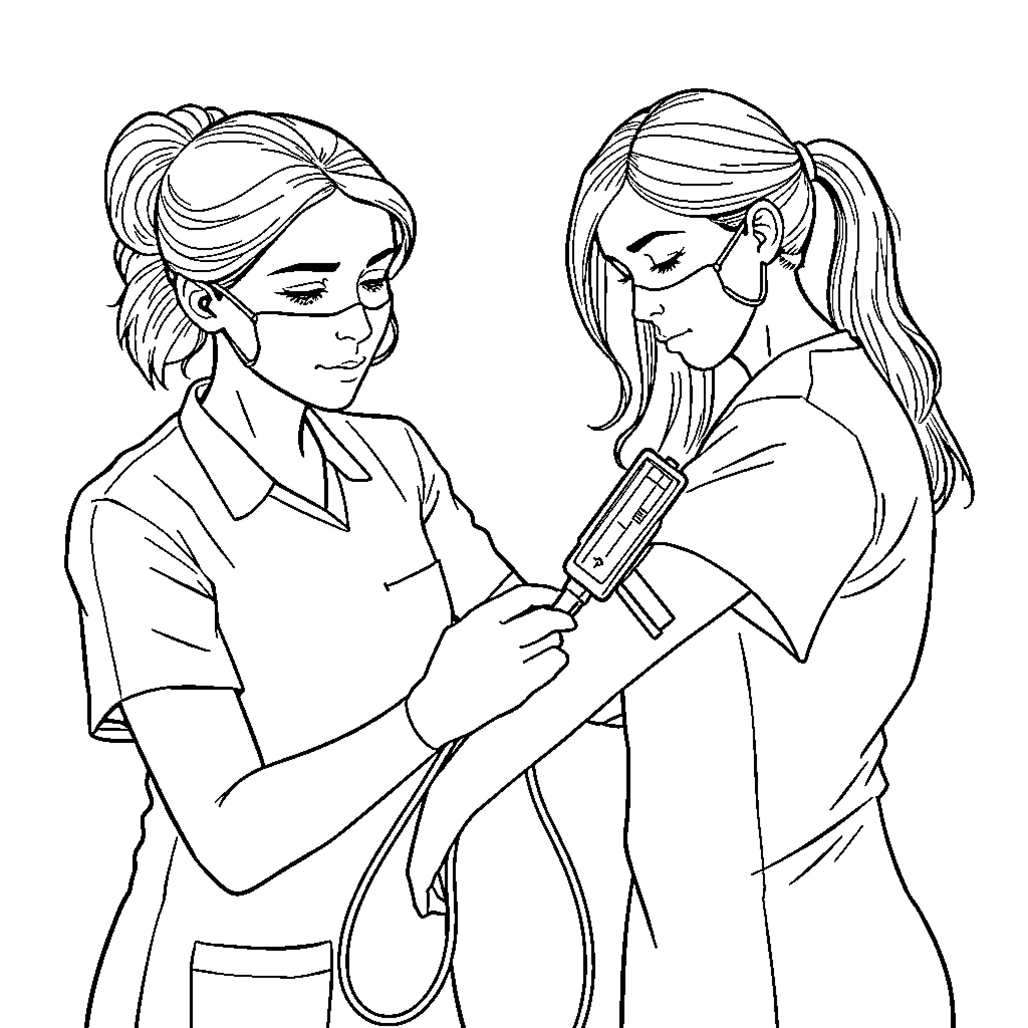 Nurse caring for patient in medical setting Coloring Page (free black-and-white line drawing printable PDF for all, from beginners to advanced learners, including children, teens, adults, and seniors)