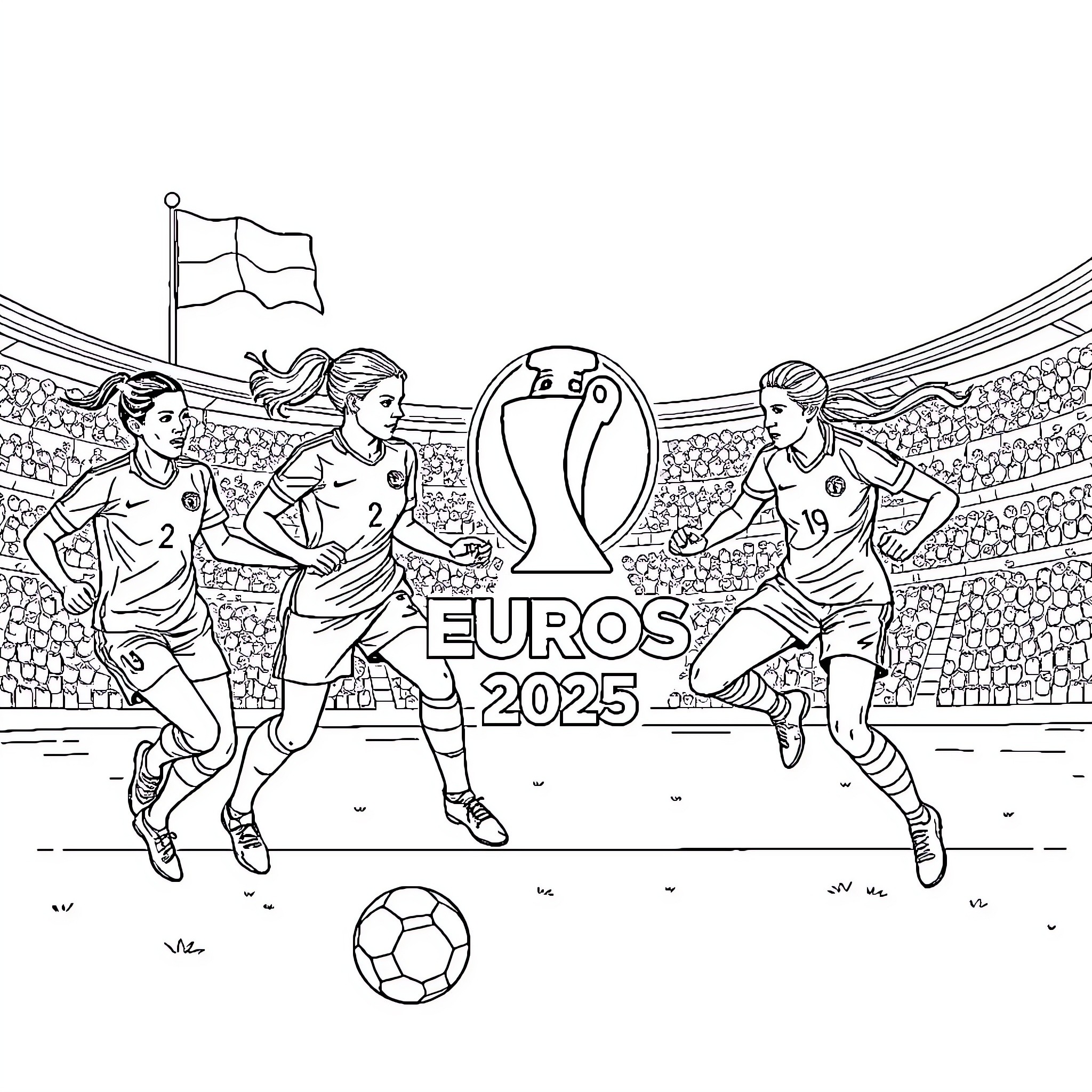 Women competing in soccer match at Euro 2025 tournament Coloring Page (free black-and-white line drawing printable PDF for all, from beginners to advanced learners, including children, teens, adults, and seniors)