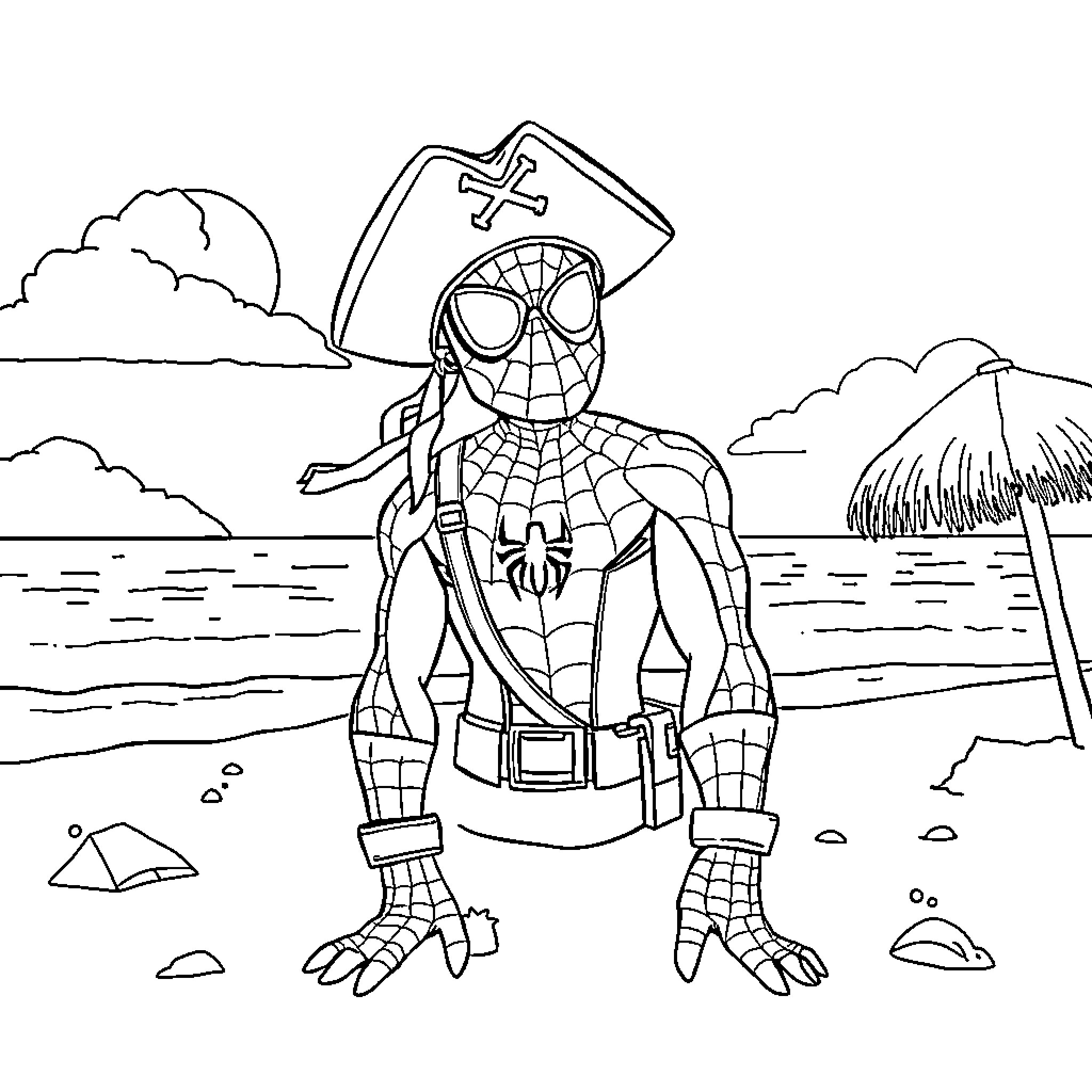Spiderman in Tropical Beach Adventure Coloring Page (free black-and-white line drawing printable PDF for all, from beginners to advanced learners, including children, teens, adults, and seniors)