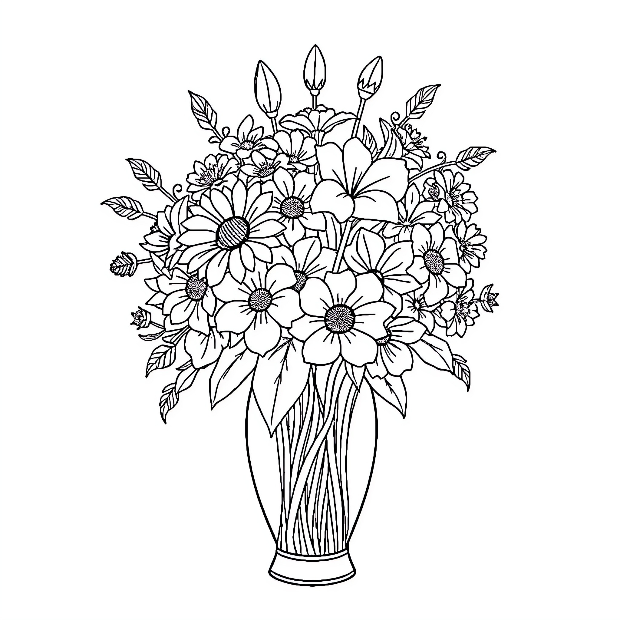 Flower bouquet in vase with detailed floral pattern Coloring Page (free black-and-white line drawing printable PDF for all, from beginners to advanced learners, including children, teens, adults, and seniors)