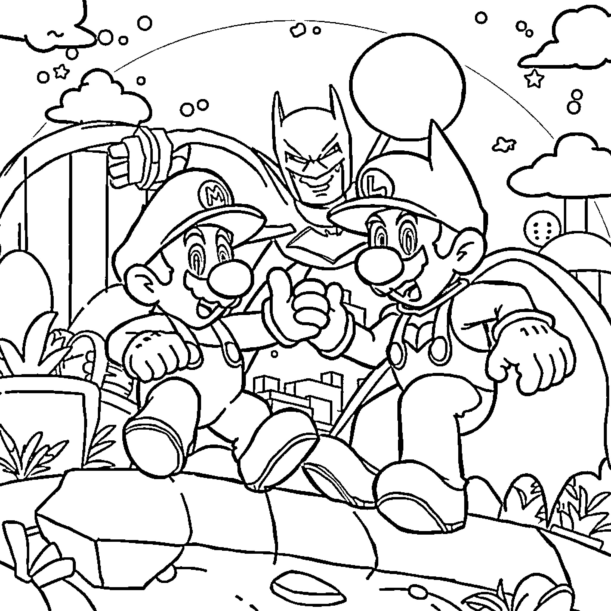 Mario and friends on a playful adventure Coloring Page (free black-and-white line drawing printable PDF for all, from beginners to advanced learners, including children, teens, adults, and seniors)