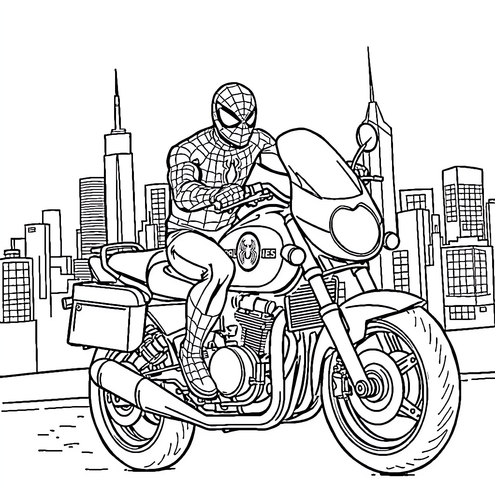 Spiderman riding a motorcycle through the city Coloring Page (free black-and-white line drawing printable PDF for all, from beginners to advanced learners, including children, teens, adults, and seniors)