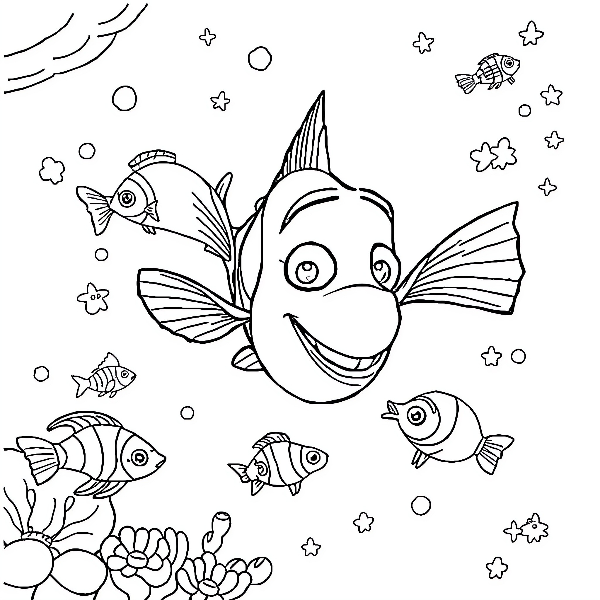 Nemo enjoying the underwater world with friends Coloring Page (free black-and-white line drawing printable PDF for all, from beginners to advanced learners, including children, teens, adults, and seniors)