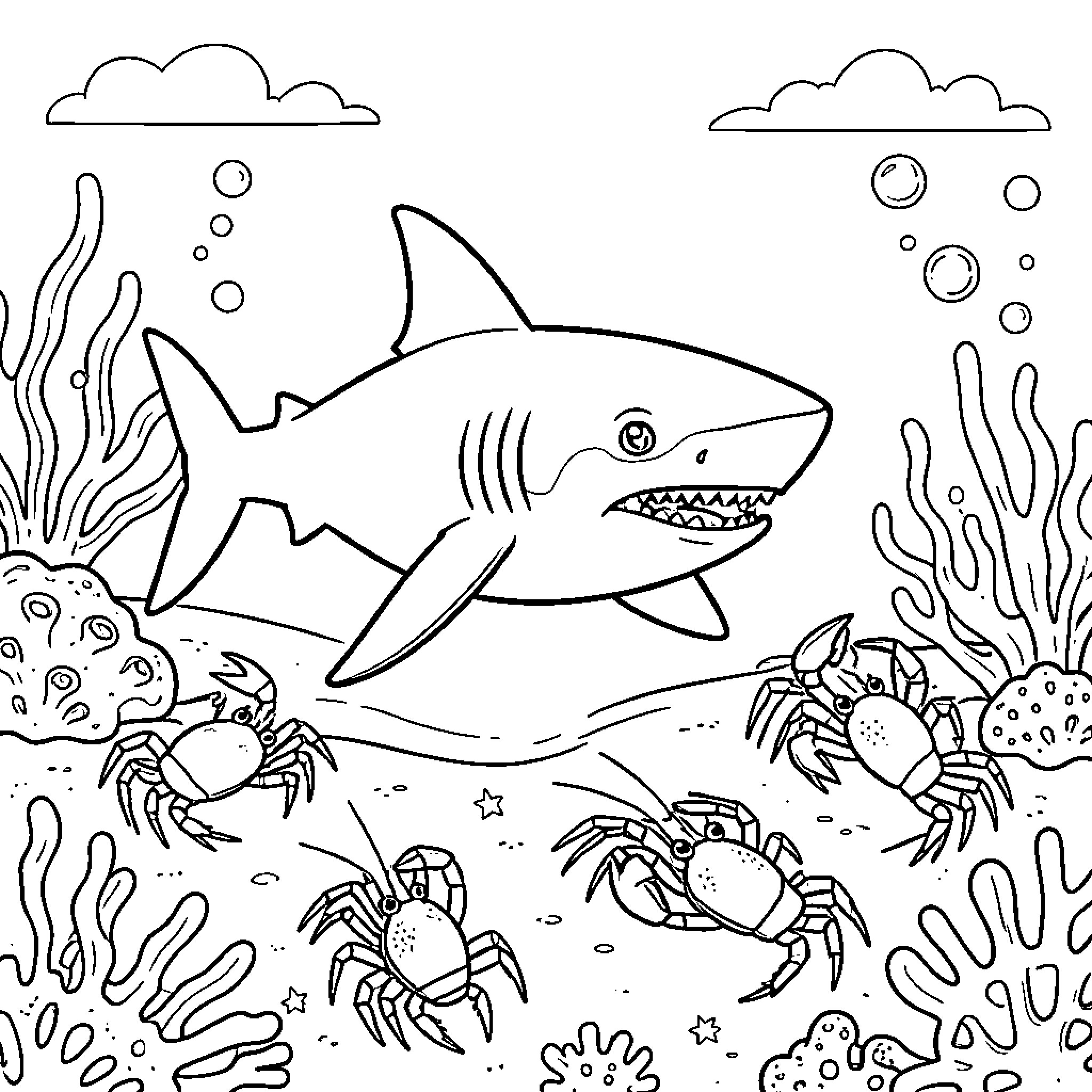 Hammerhead Shark swimming among crabs and coral reefs Coloring Page (free black-and-white line drawing printable PDF for all, from beginners to advanced learners, including children, teens, adults, and seniors)