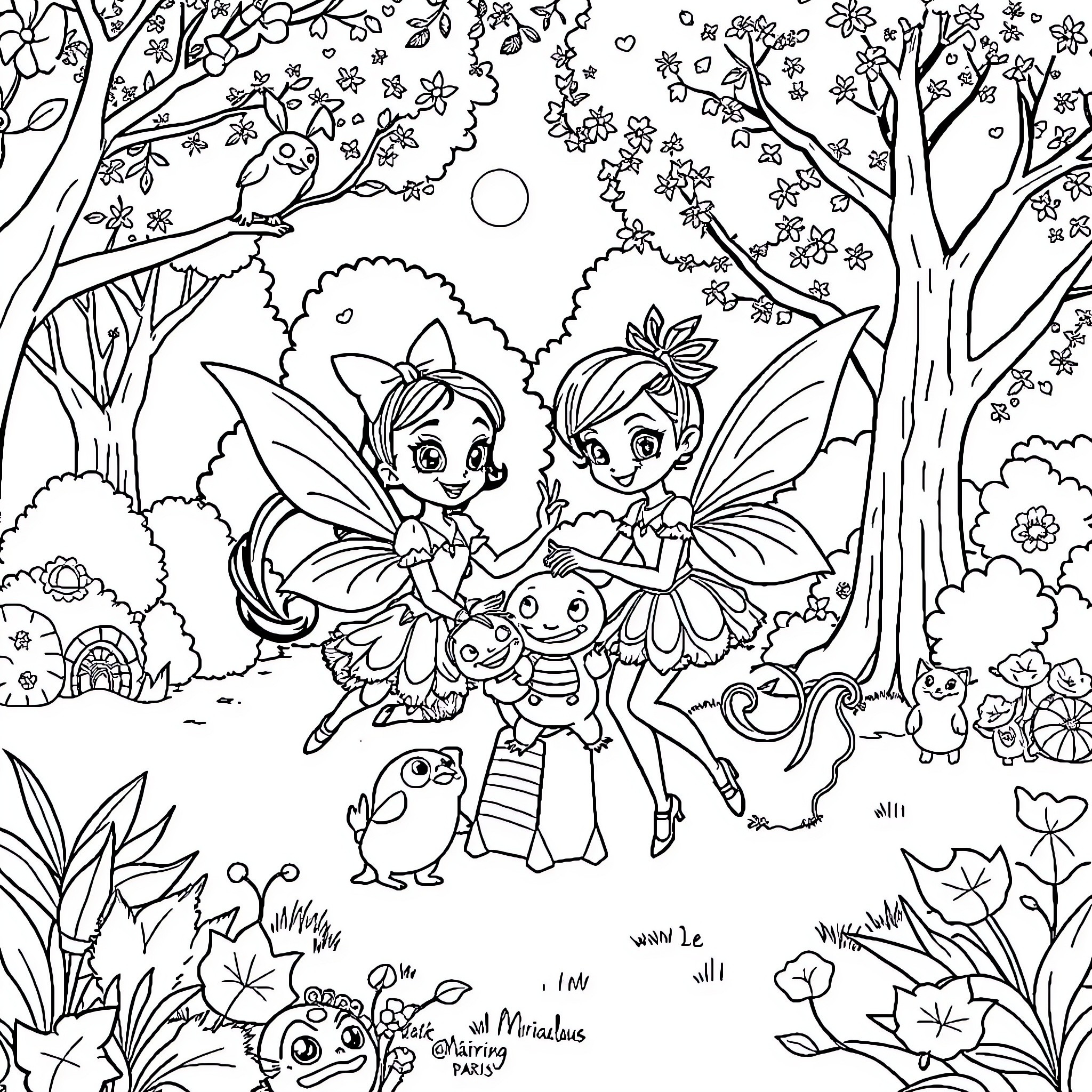 Barbie and Fairy Friends in Enchanted Forest Coloring Page (free black-and-white line drawing printable PDF for all, from beginners to advanced learners, including children, teens, adults, and seniors)