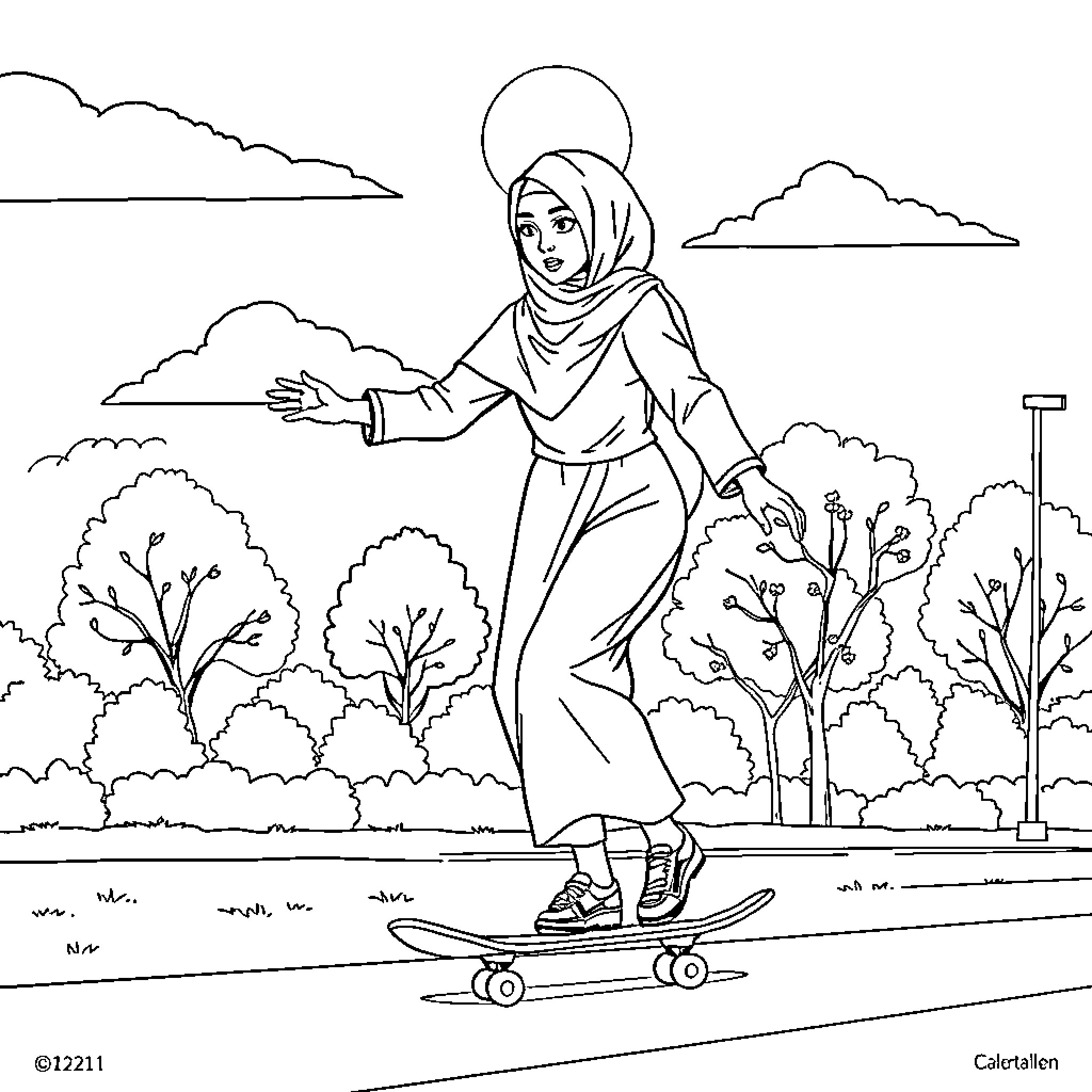 Woman skating gracefully in a scenic outdoor setting Coloring Page (free black-and-white line drawing printable PDF for all, from beginners to advanced learners, including children, teens, adults, and seniors)