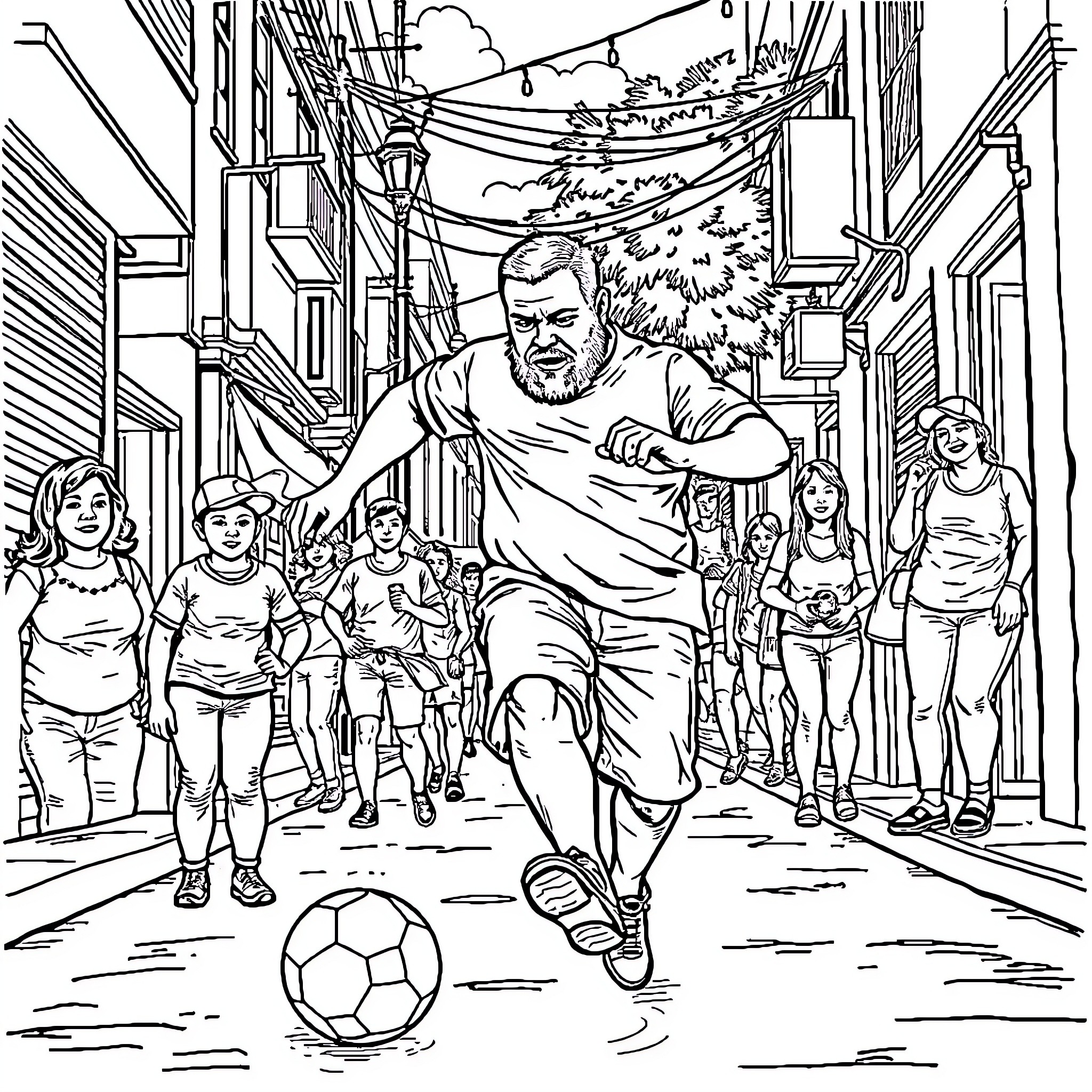 Hombre playing football on crowded city street Coloring Page (free black-and-white line drawing printable PDF for all, from beginners to advanced learners, including children, teens, adults, and seniors)
