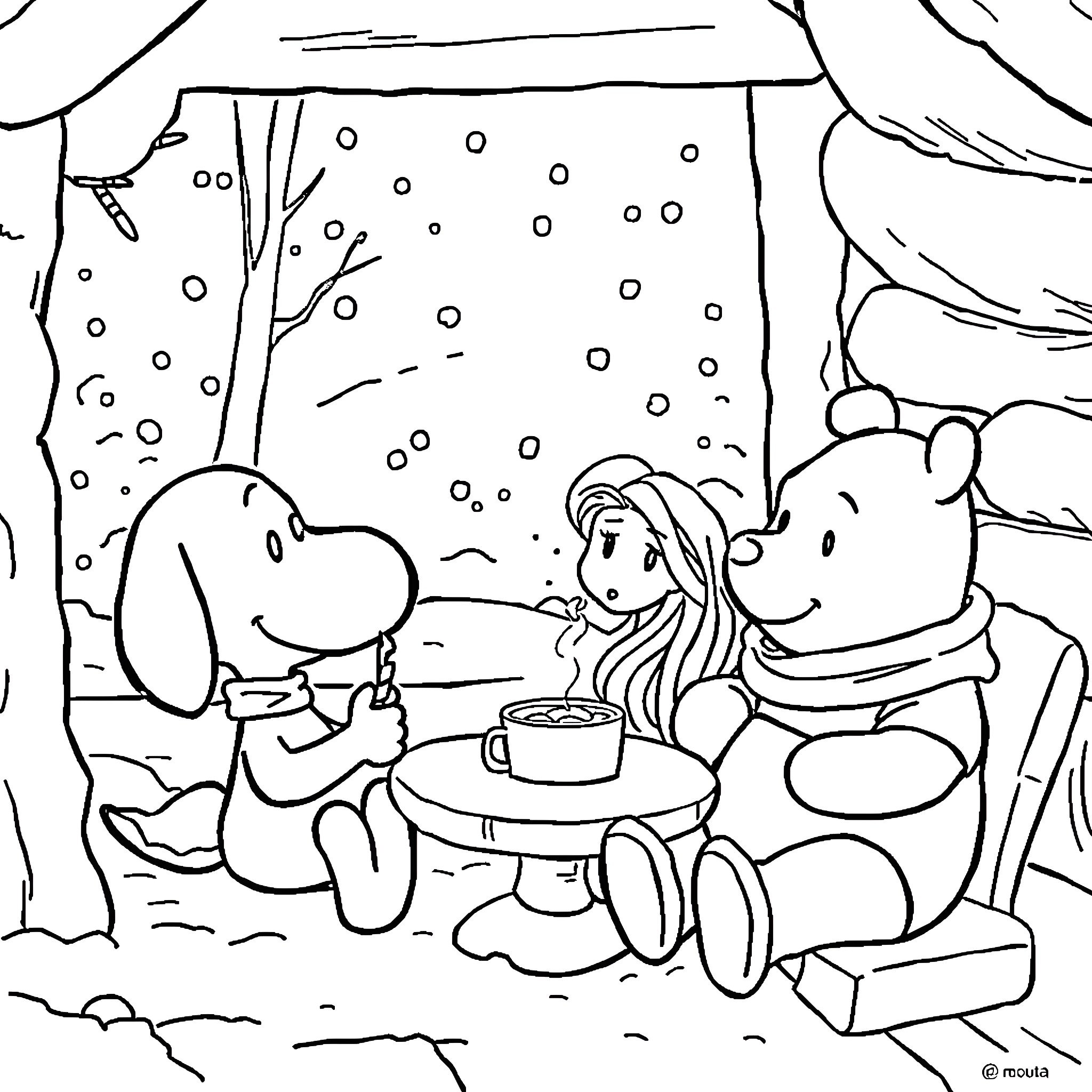 Snoopy and friends enjoying a winter picnic Coloring Page (free black-and-white line drawing printable PDF for all, from beginners to advanced learners, including children, teens, adults, and seniors)