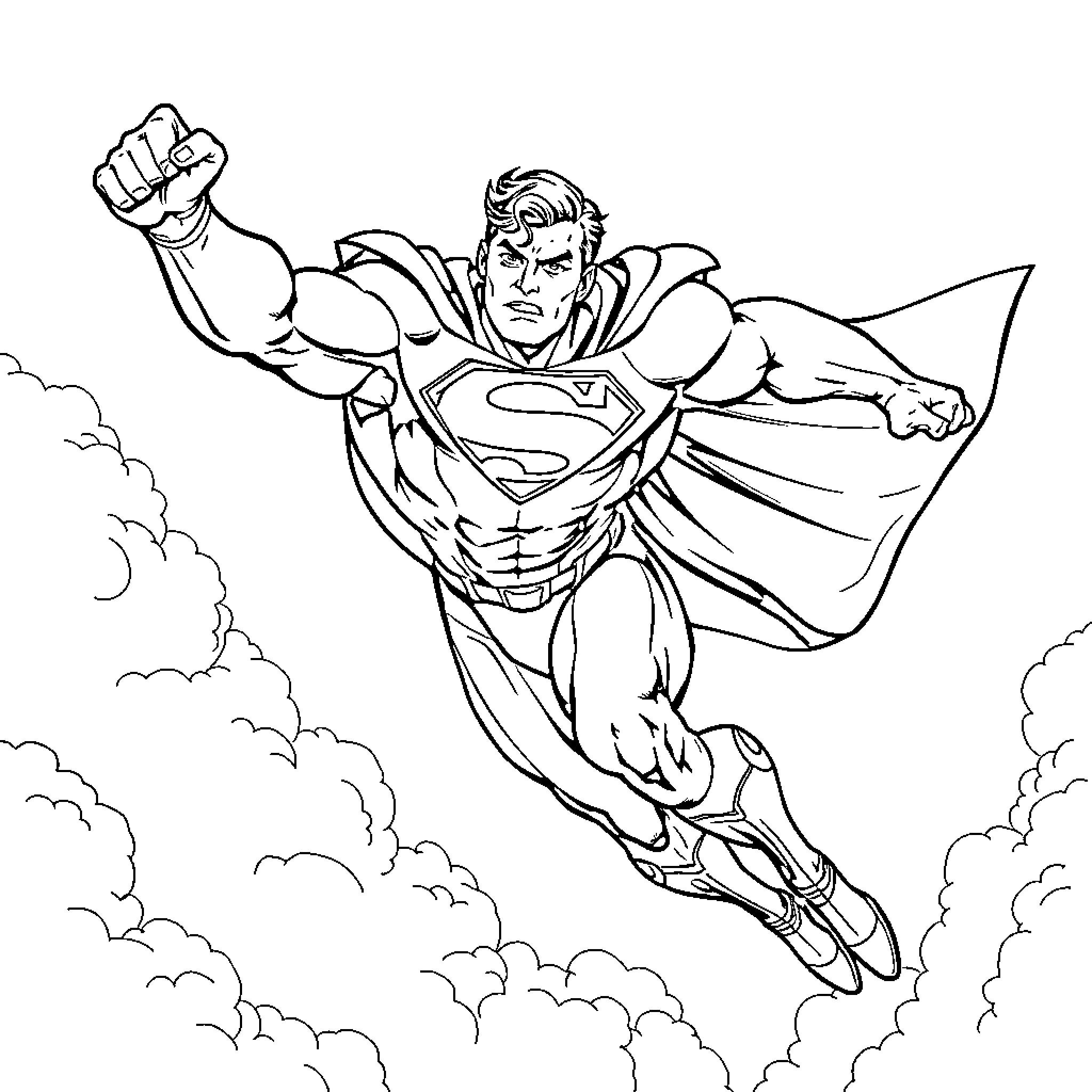 Superman flying heroically through the clouds Coloring Page (free black-and-white line drawing printable PDF for all, from beginners to advanced learners, including children, teens, adults, and seniors)