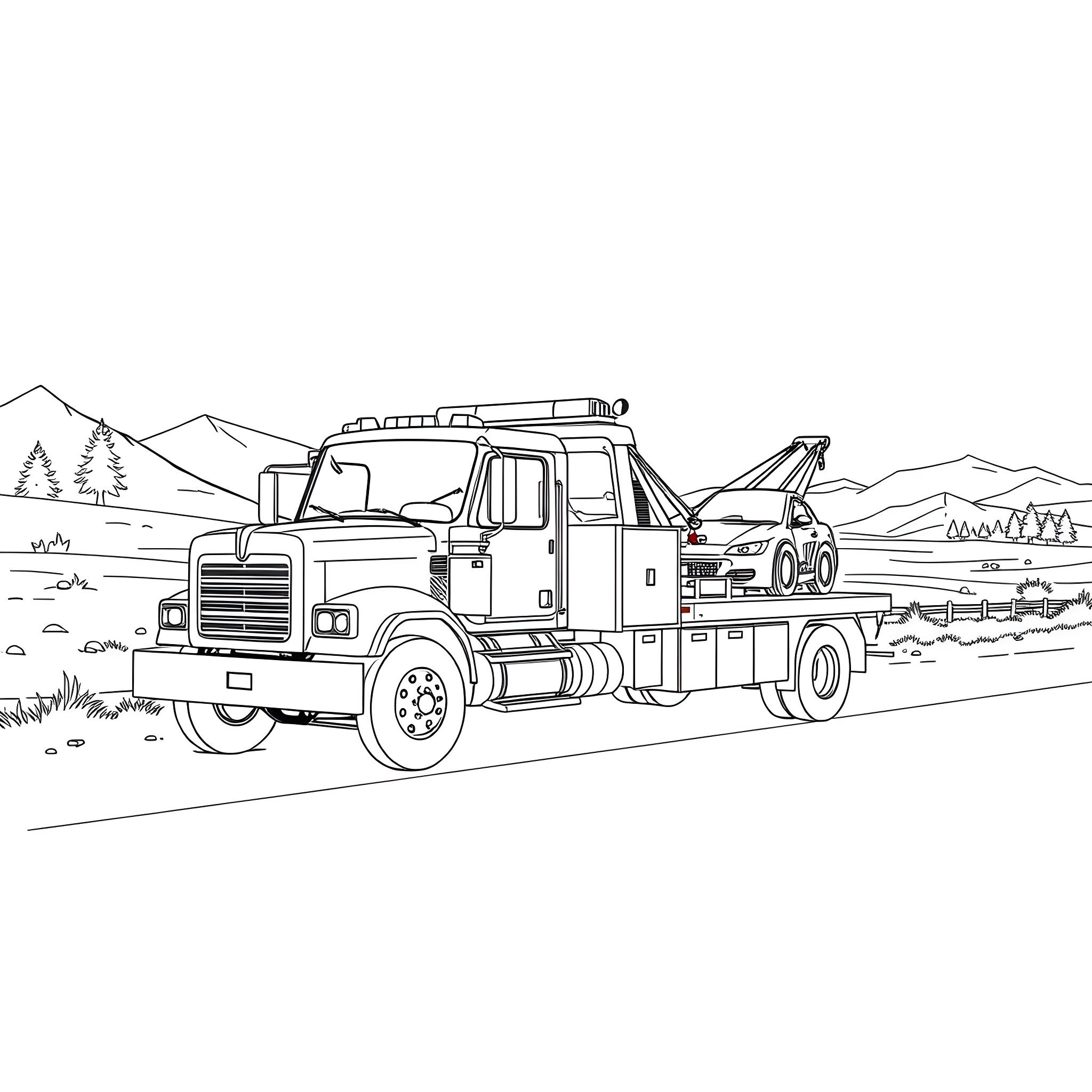 Tow Truck Assisting Stranded Vehicle on Mountain Road Coloring Page (free black-and-white line drawing printable PDF for all, from beginners to advanced learners, including children, teens, adults, and seniors)