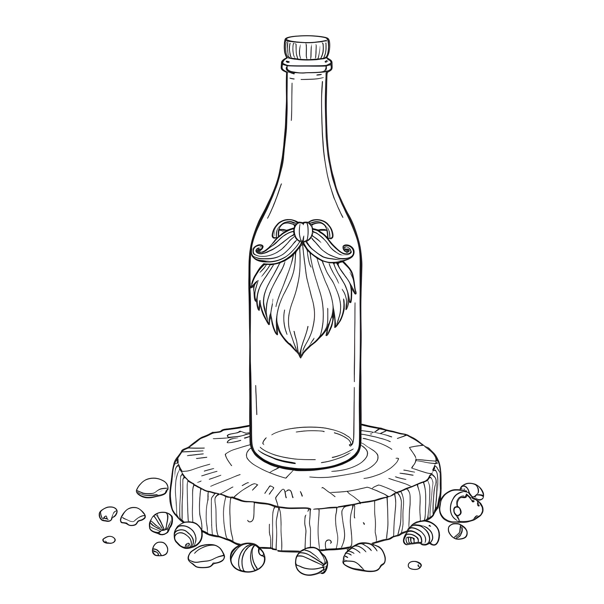 Bottle with decorative beard on wooden surface Coloring Page (free black-and-white line drawing printable PDF for all, from beginners to advanced learners, including children, teens, adults, and seniors)