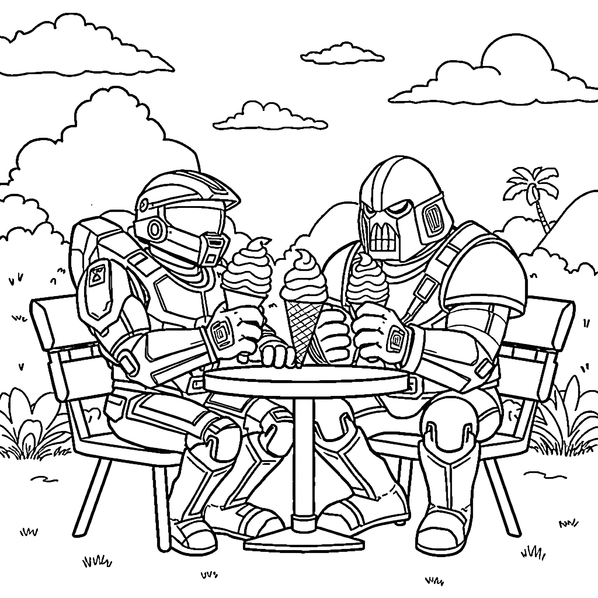 Master Chief Enjoying Ice Cream with Robot Companion Coloring Page (free black-and-white line drawing printable PDF for all, from beginners to advanced learners, including children, teens, adults, and seniors)