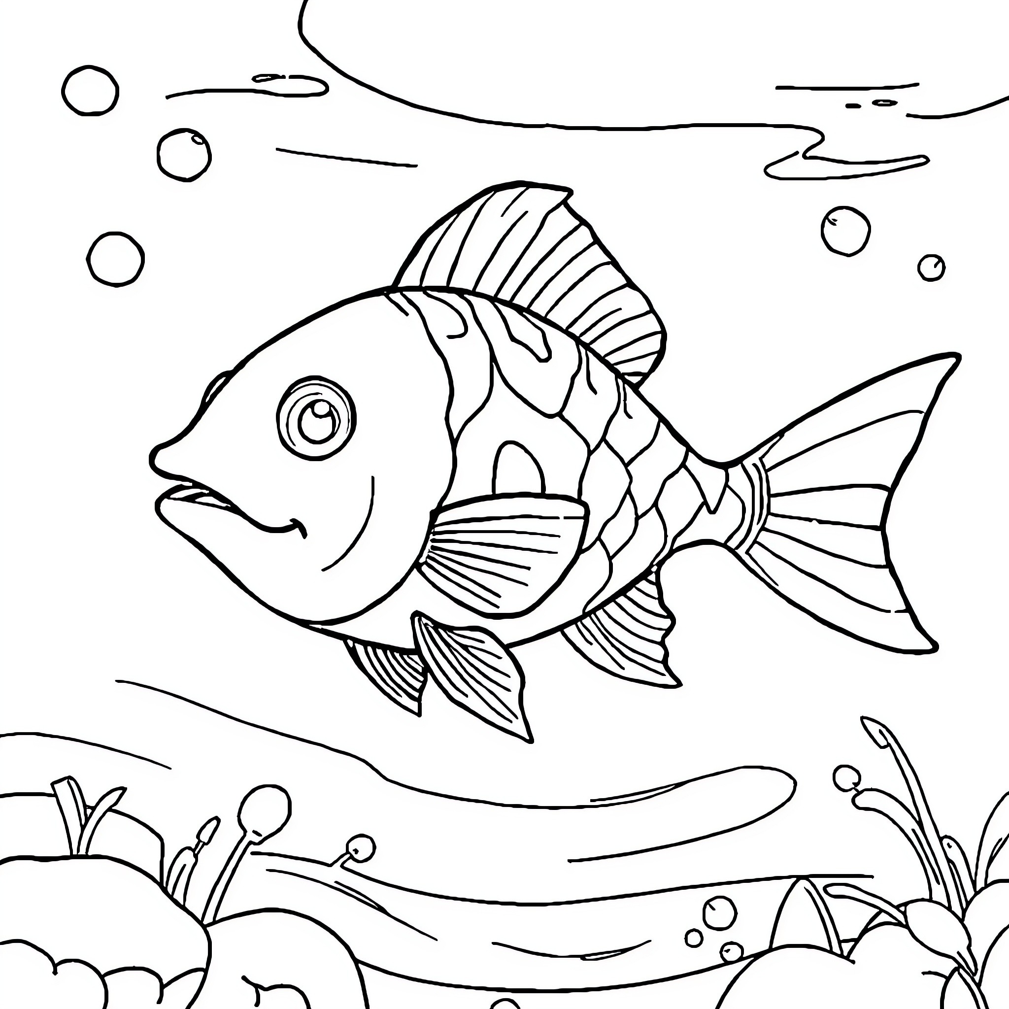 Fish swimming merrily in the underwater scenery Coloring Page (free black-and-white line drawing printable PDF for all, from beginners to advanced learners, including children, teens, adults, and seniors)