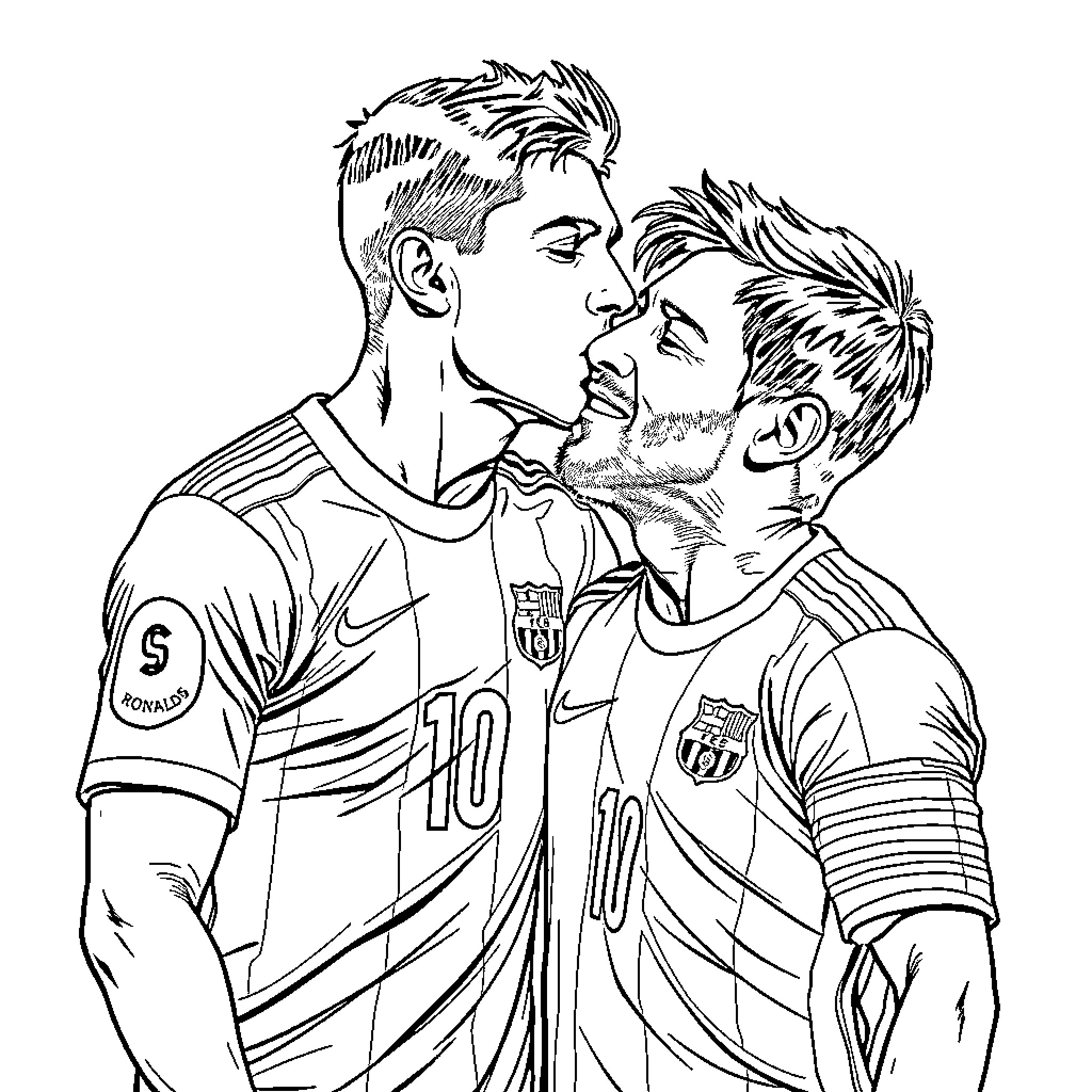 Ronaldo sharing a moment with young footballer Coloring Page (free black-and-white line drawing printable PDF for all, from beginners to advanced learners, including children, teens, adults, and seniors)