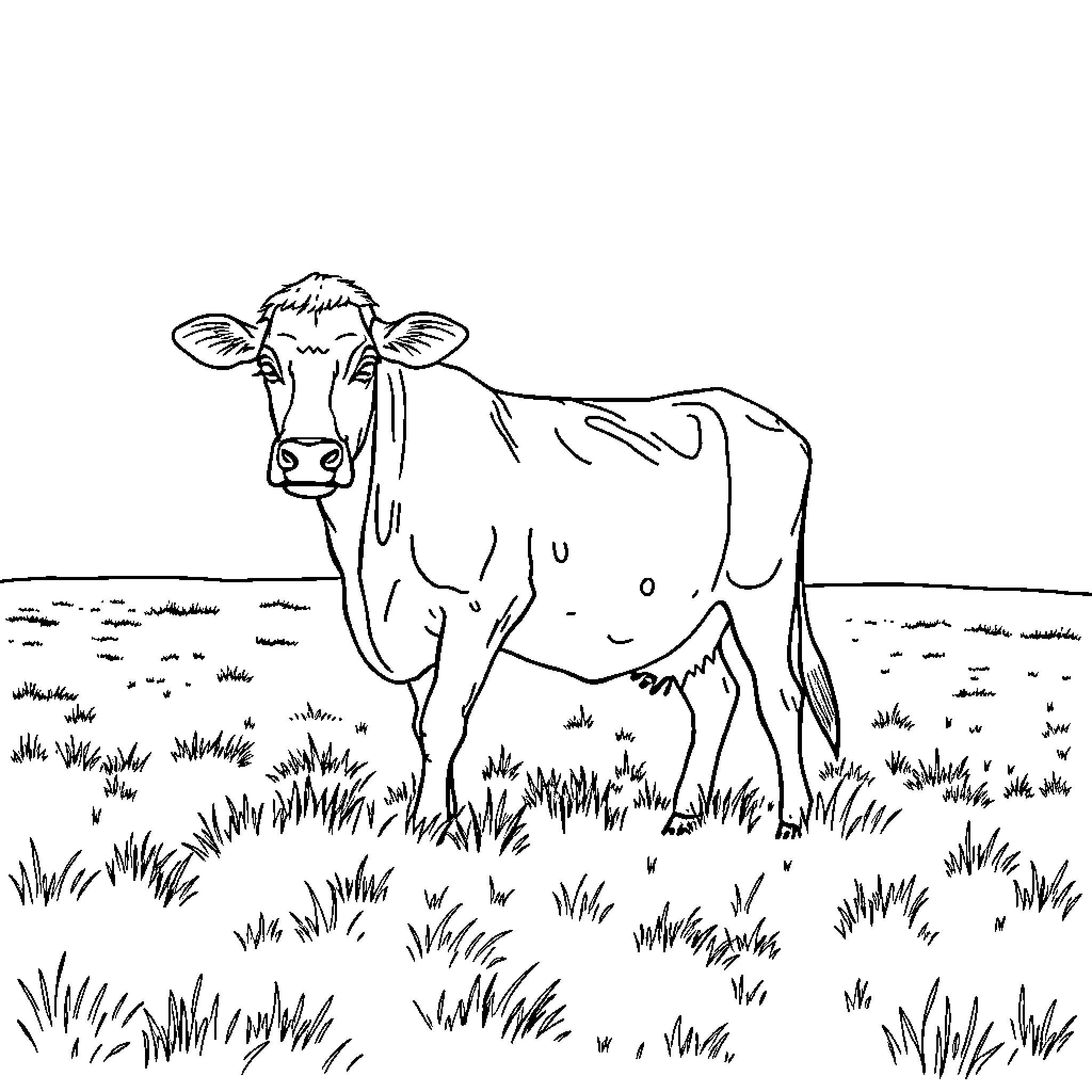 Cow standing in a grassy field Coloring Page (free black-and-white line drawing printable PDF for all, from beginners to advanced learners, including children, teens, adults, and seniors)