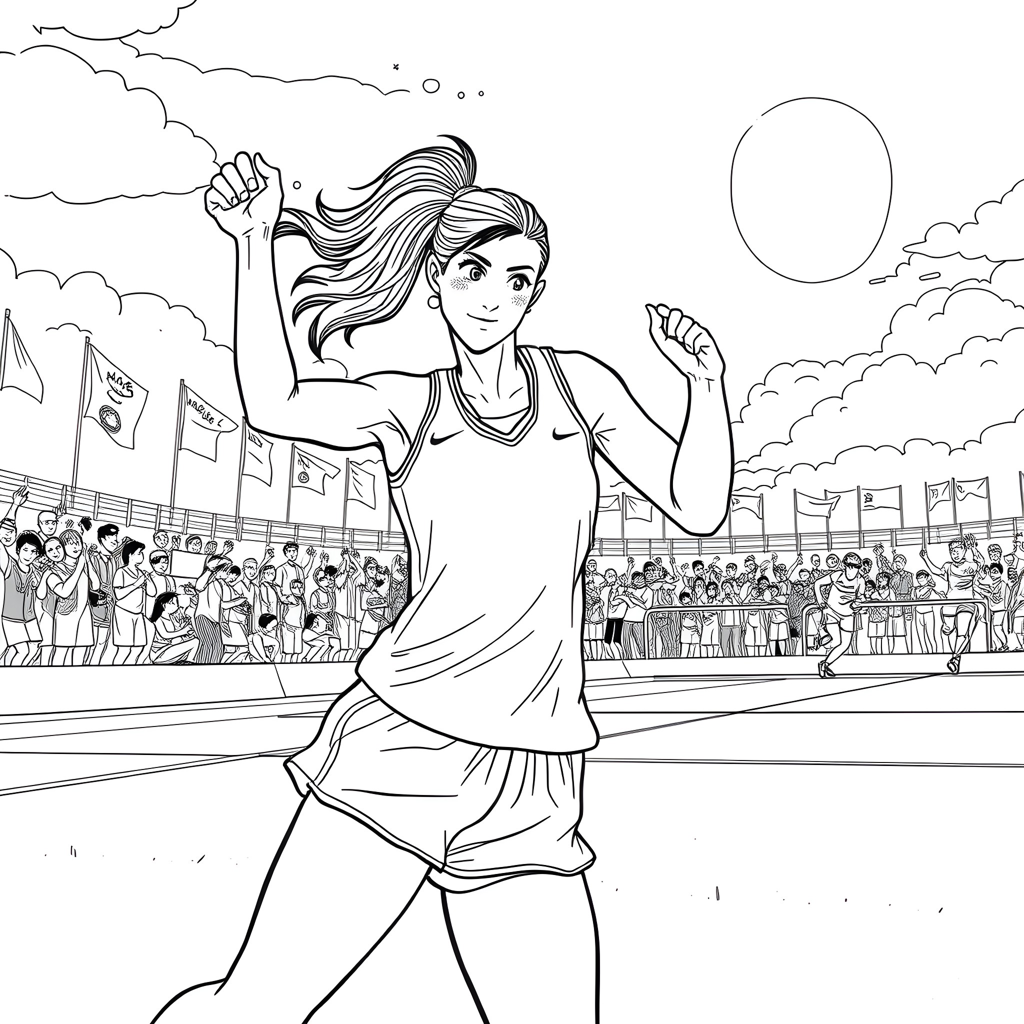 Yuri Zarate cheering in a crowd with flags Coloring Page (free black-and-white line drawing printable PDF for all, from beginners to advanced learners, including children, teens, adults, and seniors)