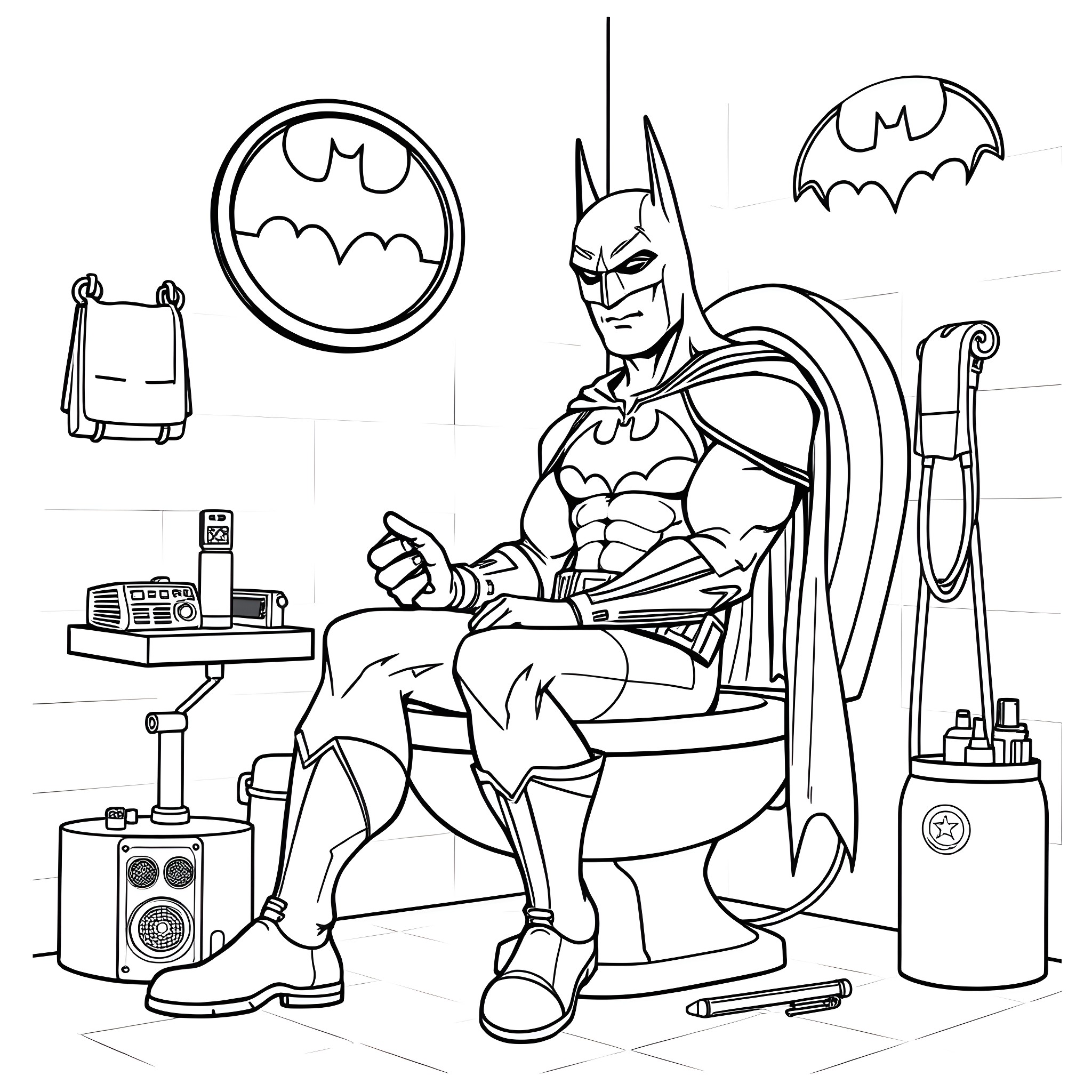 Batman relaxing in his Batcave after a long day of crime-fighting Coloring Page (free black-and-white line drawing printable PDF for all, from beginners to advanced learners, including children, teens, adults, and seniors)